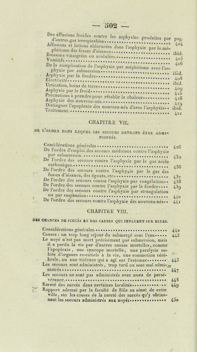 Des affusions froides contre les asphyxies produites par „aS d’autres gaz irrespirables 1 1’ 8.' Affusions et lotions chlorurées dans l’asphyxie par'lê’mé* ‘°+ phitisxne des fosses d’aisance -i •, Boissons vinaigrées ou acidulées ! , r Vomitifs. 4°J De la complication de l’asphyxie par méphitisme avec l’as- ^ phyxie par submersion... .g- » Asphyxie par la foudre 1, Electricité , !,!!.!”! Urtication, bains de terre .” .* .*!.'.*. .* * * ' Asphyxie par le froid .'!!!!!!”” 1°? Précautions à prendre pour rétablir la chaleur /.îfi Asphyxie des nouveau-nés I Traitem”nrtl ai)0plexie des nouveau'nés d’arec l’asphyxie.. ibiÜ * * 421 CHAPITRE VII. »E L ORDRE DANS LEQUEL LES SECOURS DEVRONT i>TRE ADMI- NISTRES. Considérations générales De l’ordre d’emploi des secours médicaux contre l’asphyxie par submersion. De l’ordre des secours contre l’asphyxie par le gaz acide carbonique.» ■ De 1 ordre^ des secours contre l’asphyxie par le gaz des fosses d’aisance, des égouts, etc De l^ordre des secours contre l’asphyxie par congélation. • De l’ordre des secours contre l’asphyxie par la foudre.... De 1 ordre des secours contre l’asphyxie par strangulation ou par suspension. De 1 ordre des secours contre l’asphyxie des nouveau-nés* • 426 43o 436 437 43.3 439 440 441 CHAPITRE VIII. DES CHANCES DE SUCCES ET DES CAUSES QUI INFLUENT SUR ELLES. Considérations générales 442 Causes : un trop long séjour du submergé sous l’eau 443 Le noyé n’est pas mort précisément par submersion, mais il a perdu la vie par d’autres causes mortelles, comme l’apoplexie, une syncope mortelle, une paralysie su- bite d’organes essentiels à la vie, une commotion céré- brale, ou une violence qui a agi sur l’estomac*......• 445 Les secours sont administrés, trop tard ou sont mal admi-j» nistrés 447 Les secours ne sont pas administrés avec assez de persé- vérance 443 Piareté des succès dans certaines localités*•••••••••• 449 Rapport adressé par la faculté de Bâle au sénat de cette ville, sur les causes de la rareté des succès qu’y obtien- nent les secours administrés aux noyés••••••••«•••••• 45®