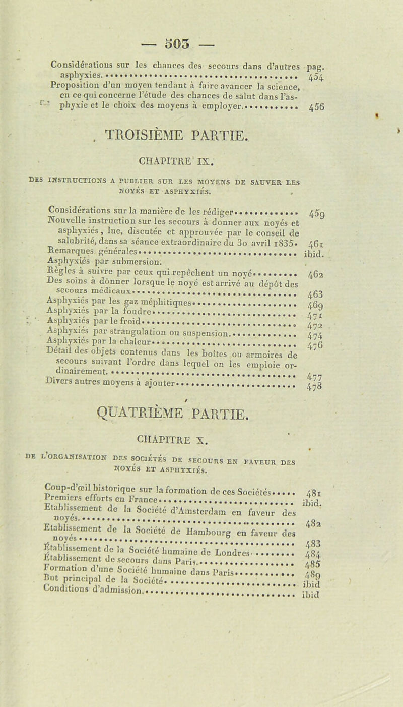 — o03 Considérations sur les chances des secours dans d’autres asphyxies * Proposition d’un moyen tendant à faire avancer la science, en ce qui concerne l’étude des chances de salut dans l’as- 1 -- phyxie et le choix des moyens à employer . TROISIÈME PARTIE. CHAPITRE IX. D£S INSTRUCTIONS A PUBLIER SUR LES MOYENS DE SAUVER LES NOYÉS ET ASPHYXIÉS. Considérations sur la manière de les rédiger. Nouvelle instruction sur les secours a donner aux noyés et asphyxiés, lue, discutée et approuvée par le conseil de salubrité, dans sa séance extraordinaire du 3o avril i835- Remarques générales Asphyxiés par submersion. Règles à suivre par ceux qui repêchent un noyé Des soins à donner lorsque le noyé est arrivé au dépôt des secours médicaux Asphyxiés par les gaz méphitiques Asphyxiés par la foudre* Asphyxiés par le froid Asphyxiés par strangulation ou suspension.. Asphyxiés par la chaleur* Détail des objets contenus dans les boites ou armôirVs’dê secours suivant l’ordre dans lequel on les emploie or- cunairement. Divers autres moyens à ajouter* ■ / QUATRIÈME PARTIE. CHAPITRE X. DE L’ORGANISATION DES SOCIÉTÉS DE SECOURS EN FAVEUR DES NOYES ET ASriIYXrÉS. Coup-d’œil historique sur la formation de ces Sociétés Premiers efforts en France Etablissement de la Société d’Amsterdam en faveur des noyés. Etablissement de la Société de Hambourg 'en faveuï de*s Etablissement de la Société humaine de* Londres üitabassement üe secours dans Paris formation d’une Société humaine dans Paris But principal de la Société Conditions d’admission Pag- 404 456 45g 461 ibid. 462 463 469 471 47 2 474 476 477 478 481 ibid. 482 483 484 485 489 ibid ibid