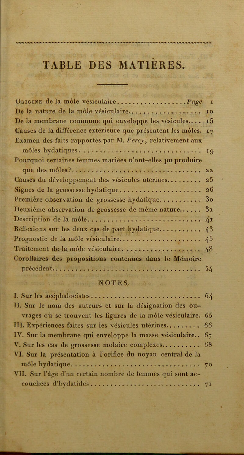 Origine de la môle vésiculaire Page i De la nature de la môle vésiculaire lo De la membrane commune qui enveloppe les vésicules.... 15 Causes de la différence extérieure que présentent les môles. 17 Examen des faits rapportés par M. Percy, relativement aux môles hydatiques 1 q Pourquoi certaines femmes mariées n’ont-elles pu produire que des môles? 22 Causes du développement des vésicules utérines 2Ô Signes de la grossesse hydatique 26 Première observation de grossesse hydatique 3o Deuxième observation de grossesse de même nature 3i Description de la môle Réflexions sur les deux cas de part hydatique 43 Prognostic de la môle vésiculaire 4^ Traitement de la môle vésiculaire 48 Corollaires des propositions contenues dans le Mémoire précédent 54 NOTES. I. Sur les acéphalocistes 64 II. Sur le nom des auteurs et sur la désignation des ou- vrages où se trouvent les figures de la môle vésiculaire. 65 III. Expériences faites sur les vésicules utérines 66 IV. Sur la membrane qui enveloppe la masse vésiculaire.. 67 V. Sur les cas de grossesse molaire complexes 68 VI. Sur la présentation à l’orifice du noyau central de la môle hydatique 70 VII. Sur l’âge d’un certain nombre de femmes qui sont ac- couchées d’hydatides 71