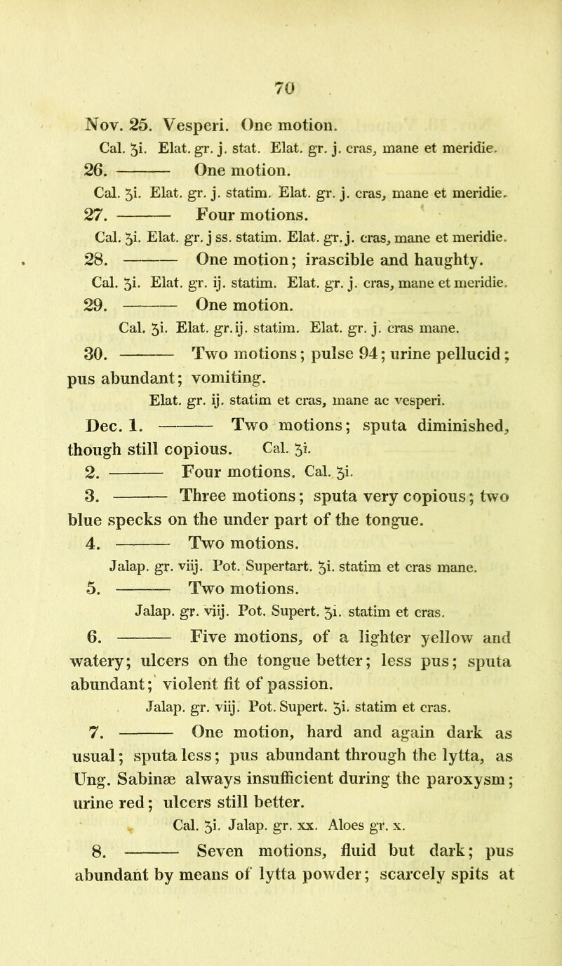 Nov. 25. Vesperi. One motion. Cal. 51. Elat. gr. j. stat. Elat. gr. j. eras, mane et meridie. 26. One motion. Cal. 5i- Elat. gr. j. statim. Elat. gr. j. eras, mane et meridie. 27. Four motions. Cal. 5i- Elat. gr. j ss. statim. Elat. gr. j. eras, mane et meridie. 28. One motion; irascible and haughty. Cal. 5i- Elat. gr. ij. statim. Elat. gr. j. eras, mane et meridie. 29. — One motion. Cal. 5i- Elat. gr.ij. statim. Elat. gr. j. eras mane. 30. Two motions; pulse 94; urine pellucid; pus abundant; vomiting. Elat. gr. ij. statim et eras, mane ac vesperi. Dec. 1. Two motions; sputa diminished, though still copious. Cal. 5i. 2. Four motions. Cal. 5i. 3. Three motions; sputa very copious; two blue specks on the under part of the tongue. 4. Two motions. Jalap, gr. viij. Pot. Supertart. 5i. statim et eras mane. 5. Two motions. Jalap, gr. viij. Pot. Supert. 5i. statim et eras. 6. fiye motions, of a lighter yellow and watery; ulcers on the tongue better; less pus; sputa abundant; violent fit of passion. Jalap, gr. viij. Pot. Supert. 5i- statim et eras. 7. one motion, hard and again dark as usual; sputa less; pus abundant through the lytta, as Ung. Sabina? always insufficient during the paroxysm; urine red; ulcers still better. Cal. 5i. Jalap, gr. xx. Aloes gr. x. 8. Seven motions, fluid but dark; pus abundant by means of lytta powder; scarcely spits at