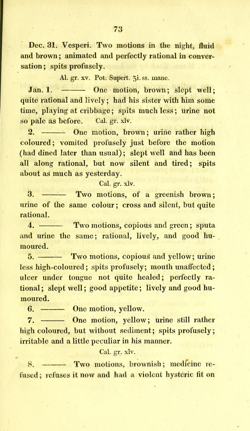 Dec. 31. Vesperi. Two motions in the night, fluid and brown; animated and perfectly rational in conver- sation ; spits profusely. Al. gr. xv. Pot. Supert. 5i. ss. mane. Jan. 1. One motion, brown; slept well; quite rational and lively; had his sister with him some time, playing at cribbage; spits much less; urine not so pale as before. Cal. gr. xlv. 2. One motion, brown; urine rather high coloured; vomited profusely just before the motion (had dined later than usual); slept well and has been all along rational, but now silent and tired; spits about as much as yesterday. Cal. gr. xlv. 3. Two motions, of a greenish brown; urine of the same colour; cross and silent, but quite rational. 4. Two motions, copious and green; sputa and urine the same; rational, lively, and good hu- moured. 5. Two motions, copious and yellow; urine less high-coloured; spits profusely; mouth unaffected; ulcer under tongue not quite healed; perfectly ra- tional ; slept well; good appetite; lively and good hu- moured. 6. One motion, yellow. 7. One motion, yellow; urine still rather high coloured, but without sediment; spits profusely; irritable and a little peculiar in his manner. Cal. gr. xlv. 8. Two motions, brownish; medicine re- fused ; refuses it now and had a violent hysteric fit on