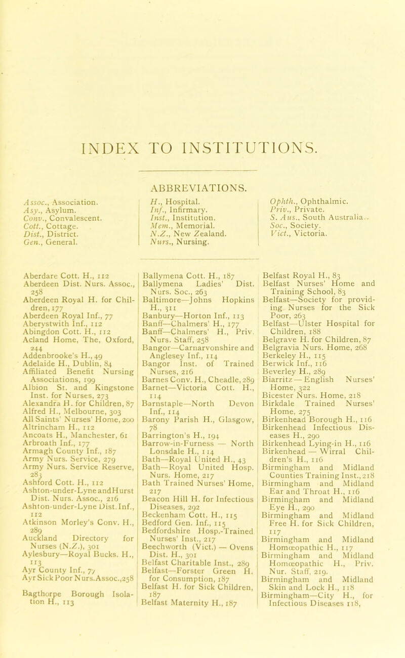 INDEX TO INSTITUTIONS. Assoc., Association. .4sj'., Asylum. Conv., Convalescent. Cott., Cottage. Dist., District. Gen., General. Aberdare Cott. H., 112 Aberdeen Dist. Nurs. Assoc., 258 Aberdeen Royal H. for Chil- dren, 177 Aberdeen Royal Inf., 77 Aberystwith Inf., 112 Abingdon Cott. H., 112 Acland Home, The, Oxford, 244 Addenbrooke’s H., 49 Adelaide H., Dublin, 84 Affiliated Benefit Nursing Associations, 199 Albion St. and Kingstone Inst, for Nurses, 273 Alexandra H. for Children, 87 Alfred H., Melbourne, 303 All Saints' Nurses' Home, 200 Altrincham H., 112 Ancoats H., Manchester, 61 Arbroath Inf., 177 Armagh County Inf., 187 Army Nurs. Service, 279 Army Nurs. Service Reserve, 283 Ashford Cott. H., 112 Ashton-under-Lyne andHurst Dist. Nurs. Assoc., 216 Ashton-under-Lyne Dist. Inf., 112 Atkinson Morley's Conv. H., 289 Auckland Directory for Nurses (N.Z.), 301 Aylesbury—Royal Bucks. H., ”3 Ayr County Inf., 7/ Ayr Sick Poor Nurs. Assoc.,258 Bagthorpe Borough Isola- tion H., 113 ABBREVIATIONS. H., Hospital. In/., Infirmary. Inst., Institution. Mem., Memorial. N.Z., New Zealand. Nurs., Nursing. Ballymena Cott. H., 187 Ballymena Ladies’ Dist. Nurs. Soc., 263 I Baltimore—Johns Hopkins | H., 311 Banbury—Horton Inf., 113 Banff—Chalmers' H., 177 Banff—Chalmers' H., Priv. Nurs. Staff, 258 Bangor—Carnarvonshire and Anglesey Inf., 114 Bangor Inst, of Trained Nurses, 216 Barnes Conv. H., Cheadle, 28g Barnet—Victoria Cott. H., 114 Barnstaple—North Devon Inf., 114 Barony Parish H., Glasgow, 78 Barrington’s H., 194 Barrow-in-Furness — North Lonsdale H., 114 Bath—Royal United H., 43 Bath—Royal United Hosp. Nurs. Home, 217 Bath Trained Nurses’ Home, 217 Beacon Hill H. for Infectious Diseases, 292 Beckenham Cott. H., 115 Bedford Gen. Inf., 115 Bedfordshire Hosp.-Trained Nurses' Inst., 217 Beechworth (Viet.) — Ovens Dist. PI., 301 Belfast Charitable Inst., 280 Belfast—Forster Green H. for Consumption, 187 Belfast H. for Sick Children, 187 Belfast Maternity 1-1., 187 Ophth., Ophthalmic. Priv., Private. S. Alls., South Australia.. Soc., Society. Viet,, Victoria. Belfast Royal H., 83 Belfast Nurses' Home and Training School, 83 Belfast—Society for provid- ing Nurses for the Sick Poor, 263 Belfast—Ulster Hospital for Children, 188 Belgrave H. for Children, 87 Belgravia Nurs. Home, 268 Berkeley H., 115 Berwick Inf., 116 Beverley H., 289 Biarritz — English Nurses' Home, 322 Bicester Nurs. Home, 218 Birkdale Trained Nurses’ Home, 275 Birkenhead Borough H., 116 Birkenhead Infectious Dis- eases H., 290 Birkenhead Lying-in H., 116 Birkenhead — Wirral Chil- dren's H., 116 Birmingham and Midland Counties Training Inst., 218 Birmingham and Midland Ear and Throat H., 116 Birmingham and Midland Eye H., 290 Birmingham and Midland Free H. for Sick Children, 117 Birmingham and Midland Homoeopathic H., 117 Birmingham and Midland Homoeopathic FI., Priv. Nur. Staff, 219. Birmingham and Midland Skin and Lock H., 118 Birmingham—City H., for Infectious Diseases 118,