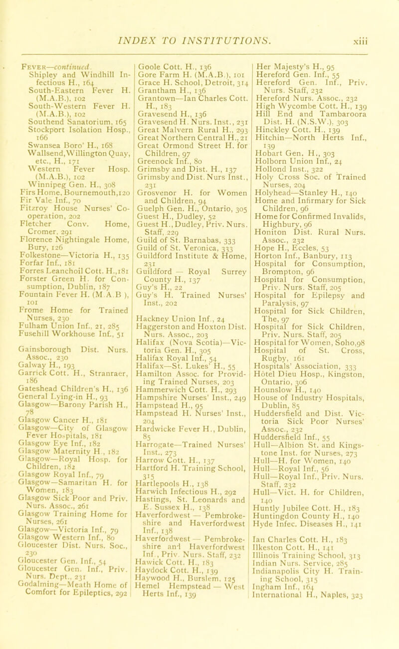 Fe v e r—continued Shipley and Windhill In- fectious H., 164 South-Eastern Fever H. (M.A.B.). 102 South-Western Fever H. (M.A.B.), 102 Southend Sanatorium, 165 Stockport Isolation Hosp., 166 Swansea Boro' H., 16S Wallsend.Willington Quay, etc., H., 171 Western Fever Hosp. (M.A.B.), 102 Winnipeg Gen. H., 308 Firs Home, Bournemouth,120 Fir Vale Inf., 70 Fitzroy House Nurses' Co- operation, 202 Fletcher Conv. Home, Cromer. 291 Florence Nightingale Home, Bury, 126 Folkestone—Victoria H., 135 Forfar Inf., 181 Forres Leanchoil Cott. H.,181 Forster Green H. for Con- sumption, Dublin, 187 Fountain Fever H. (M.A.B ), 101 Frome Home for Trained Nurses, 230 Fulham Union Inf., 21, 285 Fusehill Workhouse Inf., 51 Gainsborough Dist. Nurs. Assoc., 230 Galway H., 193 Garrick Cott. H., Stranraer, 186 Gateshead Children's H., 136 General Lying-in H., 93 Glasgow—Barony Parish H., 78 Glasgow Cancer H., 181 Glasgow—City of Glasgow Fever Hospitals, 181 Glasgow Eye Inf., 182 Glasgow Maternity H , 182 Glasgow—Royal Hosp. for Children, 182 Glasgow Royal Inf., 79 Glasgow—Samaritan H. for Women, 183 Glasgow Sick Poor and Priv. Nurs. Assoc., 261 Glasgow Training Home for Nurses, 261 Glasgow—Victoria Inf., 79 Glasgow Western Inf., 80 Gloucester Dist. Nurs. Soc., 230 Gloucester Gen. Inf., 54 Gloucester Gen. Inf., Priv. Nurs. Dept.. 231 Godaiming—Meath Home of | Comfort for Epileptics, 292 Goole Cott. H., 136 Gore Farm H. (M.A.B.), 101 Grace H. School, Detroit, 314 Grantham H., 136 Grantown—Ian Charles Cott. H„ 183 Gravesend H., 136 Gravesend H. Nurs. Inst., 231 Great Malvern Rural H., 293 Great Northern Central H.,21 Great Ormond Street H. for Children, 97 Greenock Inf., 80 Grimsby and Dist. H., 137 Grimsby and Dist. Nurs Inst,, 231 Grosvenor H. for Women and Children, 94 Guelph Gen. H., Ontario, 305 Guest H., Dudley, 52 Guest H., Dudley, Priv. Nurs. Staff, 229 Guild of St. Barnabas, 333 Guild of St. Veronica, 333 Guildford Institute & Home, 231 Guildford — Royal Surrey County H., 137 Guy's H., 22 Guy’s H. Trained Nurses’ Inst., 202 Hackney Union Inf,, 24 Haggerston and Hoxton Dist. Nurs. Assoc., 203 Halifax (Nova Scotia)—Vic- toria Gen. H., 305 Halifax Royal Inf., 54 Halifax—St. Lukes’ H., 55 Hamilton Assoc, for Provid- ing Trained Nurses, 203 Hammerwich Cott. H., 293 Hampshire Nurses' Inst., 249 Hampstead H., 95 Hampstead H. Nurses' Inst., 204 Hardwicke Fever H., Dublin, 85 Harrogate—Trained Nurses’ Inst., 273 Harrow Cott. H., 137 Hartford H. Training School, 315 Hartlepools H., 138 Harwich Infectious H., 292 Hastings, St. Leonards and E. Sussex H., 138 Haverfordwest — Pembroke- shire and Haverfordwest Inf., 138 Haverfordwest — Pembroke- shire an-1 Haverfordwest Inf., Priv. Nurs. Staff, 232 Hawick Cott. H., 183 Haydock Cott. H., 139 Haywood H., Burslem, 125 Hemel Hempstead — West Herts Inf., 139 Her Majesty’s H., 95 Hereford Gen. Inf., 55 Hereford Gen. Inf., Priv. Nurs. Staff, 232 Hereford Nurs. Assoc., 232 High Wycombe Cott. H., 139 Hill End and Tambaroora Dist. H. (N.S.W.), 303 Hinckley Cott. H., 139 Hitchin—North Herts Inf., 1.39 Hobart Gen. H., 303 Holborn Union Inf., 24 Hollond Inst., 322 Holy Cross Soc. of Trained Nurses, 204 Holyhead—Stanley H., 140 Home and Infirmary for Sick Children, 96 Home for Confirmed Invalids, Highbury, 96 Honiton Dist. Rural Nurs. Assoc., 232 Hope H., Eccles, 53 Horton Inf., Banbury, 113 Hospital for Consumption, Brompton, 96 Hospital for Consumption, Priv. Nurs. Staff, 205 Hospital for Epilepsy and Paralysis, 97 Hospital for Sick Children, The, 97 Hospital for Sick Children, Priv. Nurs. Staff, 205 Hospital for Women, Soho,98 Hospital of St. Cross, Rugby, 161 Hospitals’ Association, 333 Hotel Dieu Hosp., Kingston, Ontario, 306 Hounslow H., 140 House of Industry Hospitals, Dublin, 85 Huddersfield and Dist. Vic- toria Sick Poor Nurses' Assoc., 232 Huddersfield Inf., 55 Hull—Albion St. and Kings- tone Inst, for Nurses, 273 Hull—FI. for Women, 140 Hull—Royal Inf., 56 Hull—Royal Inf., Priv. Nurs. Staff, 232 Hull—Viet. H. for Children, 140 Huntly Jubilee Cott. H., 183 Huntingdon County FI., 140 Hyde Infec. Diseases H., 141 Ian Charles Cott. H., 183 Ilkeston Cott. H., 141 Illinois Training School, 313 Indian Nurs. Service, 285 Indianapolis City FI. Train- ing School, 315 Ingham Inf., 164 International FI., Naples, 323