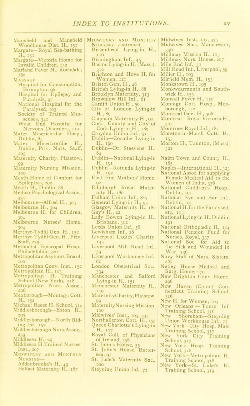 Mansfield and Mansfield Woodhouse Dist. H., 151 Margate—Royal Sea-bathing H„ 151 Margate—Victoria Home for Invalid Children, 152 Marland Fever H., Rochdale, 160 Massage— Hospital for Consumption, Brompton, 96 Hospital for Epilepsy and Paralysis, 97 National Hospital for the Paralysed, 103 Society of Trained Mas- seuses, 341 West End Hospital for Nervous Disorders, no Mater Misericordire Hosp., Dublin, 85 Mater Misericordite H., Dublin, Priv. Nurs. Staff, 265 Maternity Charity, Plaistow, 99 Maternity Nursing Mission, 100 Meath Home of Comfort for Epileptics, 292 Meath H., Dublin, 86 Medico-Psychological Assoc., 334 Melbourne—Alfred H., 303 Melbourne H., 304 Melbourne H. for Children, 3°4 Melbourne Nurses’ Home, 304 Merthyr-Tydfil Gen. H., 152 Merthyr-Tydfil Gen. H., Priv. Staff, 239 Methodist Episcopal Hosp., Philadelphia, 320 Metropolitan Asylums Board, 100 Metropolitan Conv. Inst., 152 Metropolitan H., 103 Metropolitan H. Training School (New York), 318 Metropolitan Nurs. Assoc., 206 Mexborough—Montagu Cott. H., 152 Michael Reese H. School, 314 Middlesborough—Eston H., 295 Middlesborough—North Rid- ing Inf., 152 Middlesborough Nurs.Assoc., 2.39 Middlesex H., 29 Middlesex H.Trained Nurses' Inst., 207 Midwifery and Monthly Nursing— Addenbrooke's H., 49 Belfast Maternity H., 187 Midwifery and Monthly Nursing—continued. Birkenhead Lying-in H., 116 Birmingham Inf., 45 Boston Lying-in H. (Mass.), 312 Brighton and Hove H. for Women, 121 Bristol Gen. H., 48 British Lying-in H., 88 Brooklyn Maternity, 313 Brownlow Hill Inf , 61 Cardiff Union H., 50 City of London Lying-in H., 89 Clapham Maternity H., 90 Cork—County and City of Cork Lying-in H., 189 Croydon Union Inf., 51 Dublin—Coombe Lying-in H., 190 Dublin—Dr. Steevens’ H., 84 Dublin—National Lying-in H., 191 Dublin—Rotunda Lying-in H., ig2 East End Mothers’ Home, 92 Edinburgh Royal Mater- nity H., 180 Fulham Union Inf., 285 General Lying-in H., 93 Glasgow Maternity H., 182 Guy's H., 22 Lady Bowen Lying-in H., Brisbane, 302 Leeds Union Inf., 58 Lewisham Inf., 26 Liverpool Ladies’ Charity, ,I45 Liverpool Mill Road Inf., 59 Liverpool Workhouse Inf., 61 London Obstetrical Soc., . 334 Manchester and Salford Lying-in H., 151 Manchester Maternity H., ■49 Maternity Charity,Plaistow, 99 MaternityNursing Mission, 100 Midwives’ Inst., 103, 335 Northallerton Cott. H., 155 Queen Charlotte's Lying-in H., 107 Royal Coll, of Physicians of Ireland, 338 St. John’s House, 35 St. John's House, Batter- sea, 91 St. Jude’s Maternity Soc., 100 Steyning Union Inf., 71 Midwives’ Inst., 103, 335 Midwives’ Soc., Manchester, 336 Mildmay Mission H., 103 Mildmay Nurs. House, 207 Mile End Inf., 30 Mill Road Inf., Liverpool, 59 Miller H., 103 Mirfield Mem. H., 153 Monkstown H., 195 Monkwearmouth and South- wick H., 153 Monsall Fever H., 150 Montagu Cott. Hosp., Mex- borough, 152 Montreal Gen. H., 306 Montreal—Royal Victoria H., 307 Montrose Royal Inf., 184 Moreton-in-Marsh Cott. H., 153 Morton H., Taunton, (Mass), 321 Nairn Town and County H., 185 Naples—International H.,323 National Assoc, for supplying Female Medical Aid to the Women of India, 336 National Children's Hosp., Dublin, 191 National Eye and Ear Inf., Dublin, 191 National H. for the Paralysed, etc., 103 National Lying-in H.,Dublin, ■9,i National Orthopaedic H., 104 National Pension Fund for Nurses, Royal, 337 National Soc. for Aid to the Sick and Wounded in War, 336 Navy Staff of Nurs. Sisters, 287 Netley House Medical and Surg. Home, 270 New Brighton Conv. Home, 296 New Haven (Conn.)—Con- necticut Training School, 316 New FI. for Women, 104 New Orleans — Touro Inf. Training School, 316 New Shoreham—-Steyning Union Workhouse Inf., 71 New York—City Hosp. Male Training School, 317 New York City Training School, 317 New York Hosp. Training School, 318 New York—Metropolitan II. Training School, 318 New York—St. Luke’s H. Training School, 319