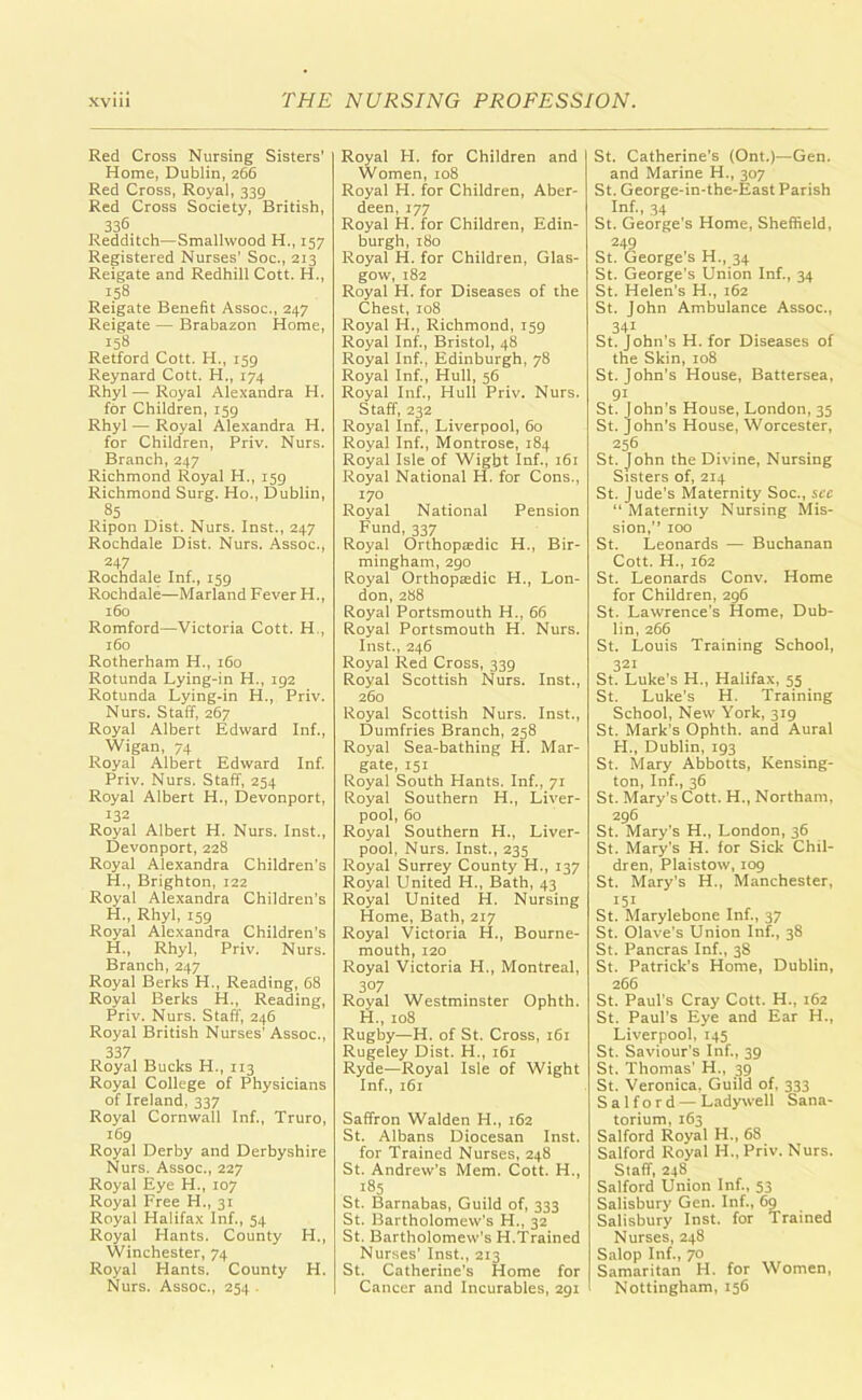 Red Cross Nursing Sisters’ Home, Dublin, 266 Red Cross, Royal, 339 Red Cross Society, British, 336 Redditch—Smallwood H., 157 Registered Nurses' Soc., 213 Reigate and Redhill Cott. H., 158 Reigate Benefit Assoc., 247 Reigate — Brabazon Home, 158 Retford Cott. H., 159 Reynard Cott. H., 174 Rhyl — Royal Alexandra H. for Children, 159 Rhyl — Royal Alexandra H. for Children, Priv. Nurs. Branch,247 Richmond Royal H., 159 Richmond Surg. Ho., Dublin, 85 Ripon Dist. Nurs. Inst., 247 Rochdale Dist. Nurs. Assoc., 247 Rochdale Inf., 159 Rochdale—Marland Fever H., 160 Romford—Victoria Cott. H., 160 Rotherham H., 160 Rotunda Lying-in H., 192 Rotunda Lying-in H., Priv. Nurs. Staff, 267 Royal Albert Edward Inf., Wigan, 74 Royal Albert Edward Inf. Priv. Nurs. Staff, 254 Royal Albert H., Devonport, 132 Royal Albert H. Nurs. Inst., Devonport, 228 Royal Alexandra Children's H., Brighton, 122 Royal Alexandra Children’s H., Rhyl, 159 Royal Alexandra Children's H., Rhyl, Priv. Nurs. Branch,247 Royal Berks H., Reading, 68 Royal Berks H., Reading, Priv. Nurs. Staff, 246 Royal British Nurses’ Assoc., 337 Royal Bucks H., 113 Royal College of Physicians of Ireland, 337 Royal Cornwall Inf., Truro, 169 Royal Derby and Derbyshire Nurs. Assoc., 227 Royal Eye H., 107 Royal Free H., 31 Royal Halifax Inf., 54 Royal Hants. County H., Winchester, 74 Royal Hants. County H. Nurs. Assoc., 254 . Royal H. for Children and Women, 108 Royal H. for Children, Aber- deen, 177 Royal H. for Children, Edin- burgh, 180 Royal H. for Children, Glas- gow, 182 Royal H. for Diseases of the Chest, 108 Royal H., Richmond, 159 Royal Inf., Bristol, 48 Royal Inf., Edinburgh, 78 Royal Inf., Hull, 56 Royal Inf., Hull Priv. Nurs. Staff, 232 Royal Inf., Liverpool, 60 Royal Inf., Montrose, 184 Royal Isle of Wight Inf., 161 Royal National H. for Cons., 170 Royal National Pension Fund, 337 Royal Orthopedic H., Bir- mingham, 290 Royal Orthopedic H., Lon- don, 288 Royal Portsmouth H., 66 Royal Portsmouth H. Nurs. Inst., 246 Royal Red Cross, 339 Royal Scottish Nurs. Inst., 260 Royal Scottish Nurs. Inst., Dumfries Branch, 258 Royal Sea-bathing H. Mar- gate, 151 Royal South Hants. Inf., 71 Royal Southern H., Liver- pool, 60 Royal Southern H., Liver- pool, Nurs. Inst., 235 Royal Surrey County H., 137 Royal United H., Bath, 43 Royal United H. Nursing Home, Bath, 217 Royal Victoria H., Bourne- mouth, 120 Royal Victoria H., Montreal, 307 Royal Westminster Ophth. H., 108 Rugby—H. of St. Cross, 161 Rugeley Dist. H., 161 Ryde—Royal Isle of Wight Inf., 161 Saffron Walden H., 162 St. Albans Diocesan Inst. for Trained Nurses, 248 St. Andrew's Mem. Cott. H., 185 St. Barnabas, Guild of, 333 St. Bartholomew's H., 32 St. Bartholomew’s H.Trained Nurses’ Inst., 213 St. Catherine’s Home for Cancer and Incurables, 291 St. Catherine’s (Ont.)—Gen. and Marine H., 307 St. George-in-the-East Parish Inf., 34 St. George’s Home, Sheffield, 249 St. George’s H., 34 St. George’s Union Inf., 34 St. Helen’s H., 162 St. John Ambulance Assoc., 34i St. John's H. for Diseases of the Skin, 108 St.John’s House, Battersea, 9i St. John’s House, London, 35 St. John’s House, Worcester, 256 St. John the Divine, Nursing Sisters of, 214 St. Jude’s Maternity Soc., see “ Maternity Nursing Mis- sion, 100 St. Leonards — Buchanan Cott. H., 162 St. Leonards Conv. Home for Children, 296 St. Lawrence’s Home, Dub- lin, 266 St. Louis Training School, 321 St. Luke’s H., Halifax, 55 St. Luke's H. Training School, New York, 319 St. Mark’s Ophth. and Aural FI., Dublin, 193 St. Mary Abbotts, Kensing- ton, Inf., 36 St. Mary’s Cott. H., Northam, 296 St. Mary’s H., London, 36 St. Mary's H. for Sick Chil- dren, Plaistow, 109 St. Mary's H., Manchester, 151 St. Marylebone Inf., 37 St. Olave's Union Inf., 38 St. Pancras Inf., 38 St. Patrick’s Home, Dublin, 266 St. Paul’s Cray Cott. H., 162 St. Paul’s Eye and Ear H., Liverpool, 145 St. Saviour’s Inf., 39 St. Thomas’ H., 39 St. Veronica, Guild of, 333 Salford — Ladywell Sana- torium, 163 Salford Royal H., 68 Salford Royal H.,Priv. Nurs. Staff, 248 Salford Union Inf., 53 Salisbury Gen. Inf., 69 Salisbury Inst, for Trained Nurses, 248 Salop Inf., 70 Samaritan H. for Women, Nottingham, 136