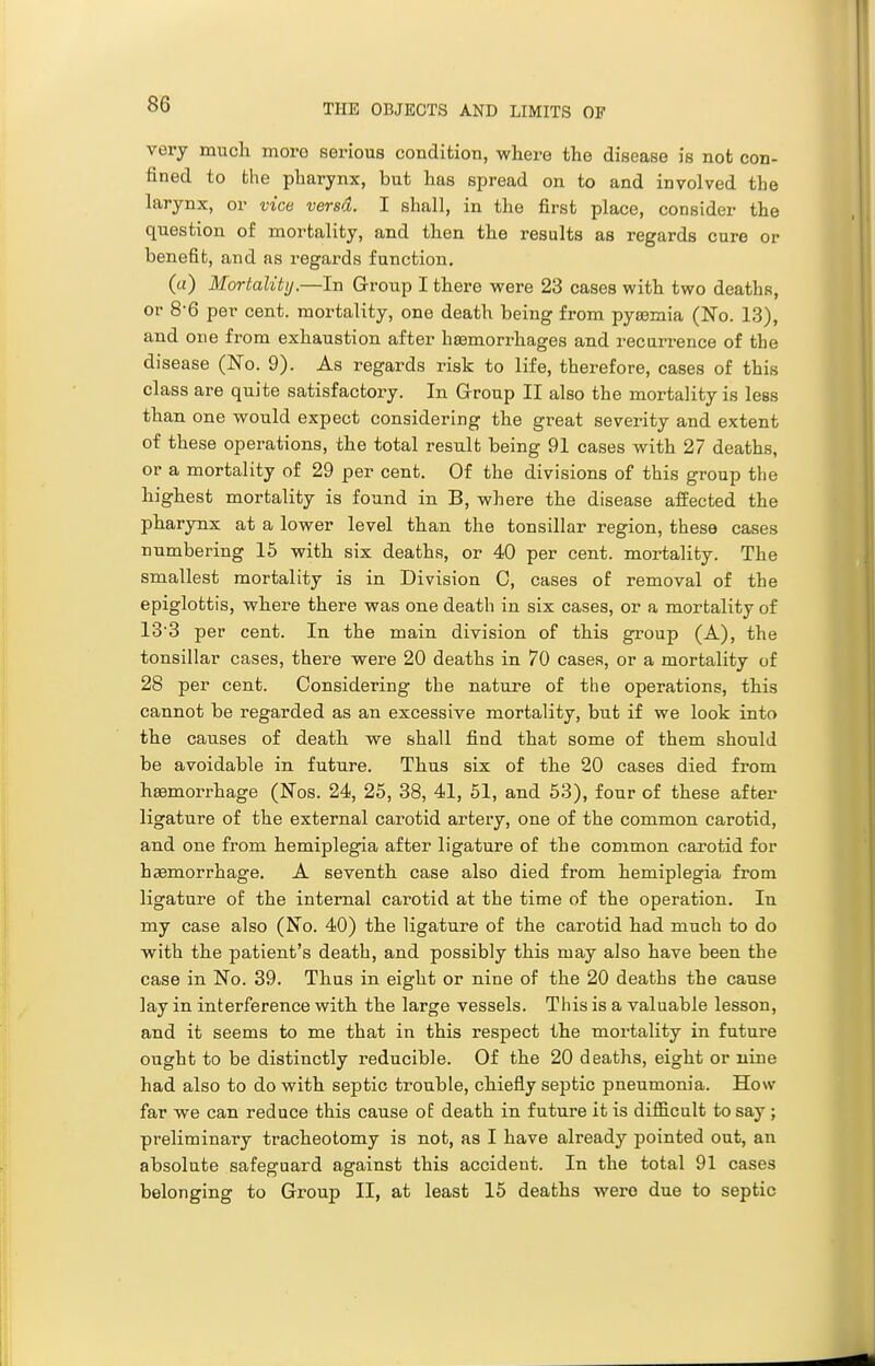 very much more serious condition, where the disease is not con- fined to the pharynx, but has spread on to and involved the larynx, or vice versa. I shall, in the first place, consider the question of mortality, and then the results as regards cure or benefit, and as regards function. (a) Mortality.—In Group I there were 23 cases with two deaths, or 8-6 per cent, mortality, one death being from pyaemia (No. 13), and one from exhaustion after haamorrhages and recurrence of the disease (No. 9). As regards risk to life, therefore, cases of this class are quite satisfactory. In Grroup II also the mortality is less than one would expect considering the great severity and extent of these operations, the total result being 91 cases with 27 deaths, or a mortality of 29 per cent. Of the divisions of this group the highest mortality is found in B, where the disease affected the pharynx at a lower level than the tonsillar region, these cases numbering 15 with six deaths, or 40 per cent, mortality. The smallest mortality is in Division C, cases of removal of the epiglottis, where there was one death in six cases, or a mortality of 13'3 per cent. In the main division of this group (A), the tonsillar cases, there were 20 deaths in 70 cases, or a mortality of 28 per cent. Considering the nature of the operations, this cannot be regarded as an excessive mortality, but if we look into the causes of death we shall find that some of them should be avoidable in future. Thus six of the 20 cases died from hemorrhage (Nos. 24, 25, 38, 41, 51, and 53), four of these after ligature of the external carotid artery, one of the common carotid, and one from hemiplegia after ligature of the common carotid for haemorrhage. A seventh case also died from hemiplegia from ligature of the internal carotid at the time of the operation. In my case also (No. 40) the ligature of the carotid had much to do with the patient's death, and possibly this may also have been the case in No. 39. Thus in eight or nine of the 20 deaths the cause lay in interference with the large vessels. This is a valuable lesson, and it seems to me that in this respect the mortality in future ought to be distinctly reducible. Of the 20 deaths, eight or nine had also to do with septic trouble, chiefly septic pneumonia. How far we can reduce this cause of death in future it is difficult to say ; preliminary tracheotomy is not, as I have already pointed out, an absolute safeguard against this accident. In the total 91 cases belonging to Group II, at least 15 deaths were due to septic