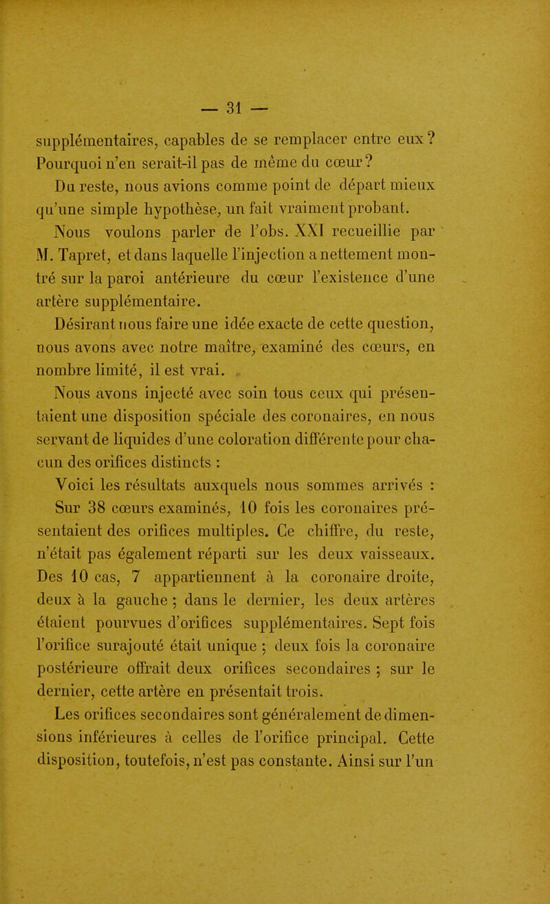 supplémentaires, capables de se remplacer entre eux ? Pourquoi n'en serait-il pas de même du cœur? Du reste, nous avions comme point de départ mieux qu'une simple hypothèse, un fait vraiment probant. Nous voulons parler de l'obs. XXI recueillie par M. Tapret, et dans laquelle l'injection a nettement mon- tré sur la paroi antérieure du cœur l'existence d'une artère supplémentaire. Désirant nous faire une idée exacte de cette question, nous avons avec notre maître, examiné des cœurs, en nombre limité, il est vrai. „ Nous avons injecté avec soin tous ceux qui présen- taient une disposition spéciale des coronaires, en nous servant de liquides d'une coloration différente pour cha- cun des orifices distincts : Voici les résultats auxquels nous sommes arrivés : Sur 38 cœurs examinés, 10 fois les coronaires pré- sentaient des orifices multiples. Ce chiffre, du reste, n'était pas également réparti sur les deux vaisseaux. Des 10 cas, 7 appartiennent à la coronaire droite, deux à la gauche ; dans le dernier, les deux artères étaient pourvues d'orifices supplémentaires. Sept fois l'orifice surajouté était unique ; deux fois la coronaire postérieure offrait deux orifices secondaires ; sur le dernier, cette artère en présentait trois. Les orifices secondaires sont généralement de dimen- sions inférieures à celles de l'orifice principal. Cette disposition, toutefois, n'est pas constante. Ainsi sur l'un