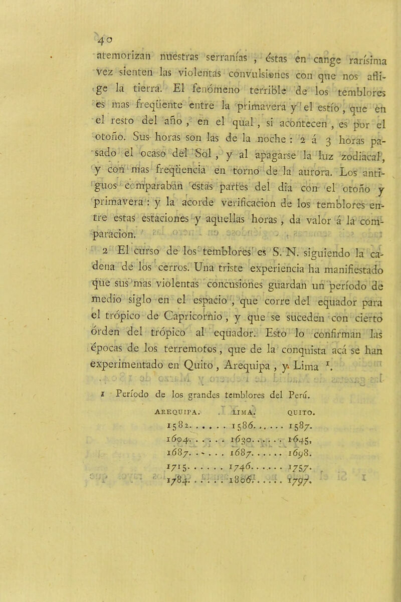 -atemorlzan nnestras serranias , estas en'cange ransima vez sientcn las violentas convii!si®nes con qnc nos afli- tge la tierra. El fenomeno terrible de los temblores es mas freqiiente entre la primavera y’el estio , que en el resto del ano , en el qual , si acontecen , es ffer el otono. SuS' hoi as son las de la noche i 2 a ^ horas pa~ sado el ocaso del Sol , y al apagarse la luz zodiacal , '■y con'^mas freqiiencia en torno de la aurora. Los and- Iguos ■ eomparaban estas partes del dia con- el otono y primavera : y la acorde verificacion de los temblores en- tre estas estaciones y aqiiellas horas, da valor a la com- paracion. ' ^ , ■ 2 El enrso de los’temblores' es S. N. siguiendo la ca- dena de los'•cerrosrUna triste experiencia ha manifiestado que sus'^mas violentaV'cdncusiones'''guardan iih'pen'odo de medio siglo en el espacio ■, que corre del equador para el tropico de Capricornio, y que se suceden con ciertd orden del tropico al equador. Es'to lo confirman las epocas de los terremotos, que de la conquista aca se han experimentado en Quito , Arequipa , y Lima • 0;^ G'l.. . . . 1 . . ^ I I Penodo de los grandes temblores del Peru. AREQUIPA. ilMA. QUITO, 11582 1604-. . . . . . i6go.... • • 1645, 1687. • ' • ■ . 1687. . . . . 1745.. . .. • • VS7- '• 1784. . . . .. •• I