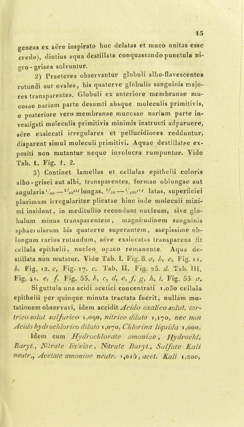 gencas ex aere inspirato huc delatas et muco unitas esse ciedo), (liutius oqua deslillata conquassando punclula ni- gro-grisea solvuntur, 2) Praelerea observantur globuli albo-flavescentes rotundi aut ovales, bis quaterve globulis sanguinis majo- res transparentes, Globuli ex anteriore Djembranae niu- cosae narium parte desumti absque moleculis primitivis, e posteriore vero raembranae mucosae narium parte in- vestigati moleculis primitivis minimis instructi adparuere, aere exsiccati irregulares et pellucidiores redduntur, disparent simul moleculi primilivi. Aquae destillatpe ex- positi non mutantur neque involucra rumpuntur. Vide Tab. 1. Fig. 1. 2. 3) Continet lamellas et cellulas epilKelii coloris albo-grisei aut albi, transparentes, formae obiongae aut angularis'/4o — ^''ao'longas, Vjo — Vioo' latas, superficiei plurimum irregulariter plicatae hinc inde moleculi mini- mi insident, in meditullio recondunt nucleum, sive glo- bulum minus transpaienteai, rnagniiudinem sanguinis sphaej ularum bis quaterve superantem, saepissime ob- longum rarius rolundura, aere exsiccatas transparens lit cellula epilhelii, nuclco opaco remanenle. Aqua de- slillata non mutatur. Vide Tab, I. Fig. 8. c, c. Fig. ii. b. Fig. 12, c, Fig. 17. c. Tab. II. Fig. 25. d. Tab, 111. Fig. 41. e, /. Fig. 55. b, c, d, e, g, h, i. Fig, 53 a. Siguttula una acidi acetici concentrati i,o3o cellula epilhelii per quinque minuta tractata fuerit, nullam mu- tationem observavi, idem accidit ^cido oxalico so/ut, tar- Iricosolut sulJuT-ico 1,090, nilrico diluto 1,170, nec non Acido hydrochlorico diluto 1,070, Chlorina liquida i,ooo. Idcm cum Hydrochlorate amoniae, HydrochL Baryt., JSilrate lixiviae, Nitrate Baryt.^ Salfate Kali neutr.^ Acetate am.oniae neutr. i^Q\b,acct. Kali 1,200,