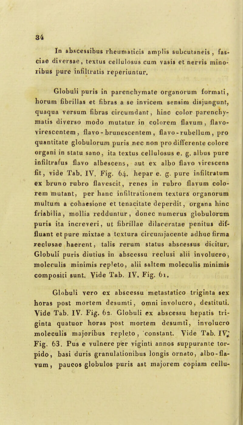 In abscessibug rheumaticis amplis subcutaneis , fas- ciae diversae, textus cellulosus cum vasis et nervis mino- ribus pure infiluatis reperiunlur. GlobuH puris in parenchymate organorum formati, horum iibrillas et fibras a se invicem sensini disjungunt, quaqua versum fibras circumdant, hinc color parenchy- malis diverso modo mutatur in colorem fiavum, fiavo- yiresccntem , fiavo-brunescentem , flavo-rubellum , pro quantitate globulorum puris nec non pro differente colore organi in statu sano, ita textus cellulosus e. g. albus pure infiltrafus fiavo albescens, aut ex albo fiavo virescens fit, vide Tab. IV. Fig. 64. hepar e. g. pure infiltratum ex bruno rubro fiavescit, renes in rubro flavum colo- rem mutant, per hanc infiltrationem textura organorum multum a cohaesione et tenacitate deperdit, organa hinc friabilia, mollia redduntur, donec numerus globulorum puria ita increveri, ut fibrillae dilacerntae penitui dif- fiiuant et pure mixtae a tcxtura circunijacente adhtic firma reclusae haerent, talis rerum status abscessus dicitur. Globuli puris diutius in abscessu reclusi alii involucro, molerulis minimis repleto, alii saltcm moleculis minimis compositi sunl. Yide Tab. IV. Fig. 61. Globuli vero cx abscessu metastatico triginta sex horas post mortem desumti, omni involucro, destituti. Vide Tab. IV. Fig. 62. Globuli ex abscessu hepatis tri- ginta quatuor horas post mortem desumti, involucro moleculis majoribus repleto, constant. Vide Tab. IV^ Fig. 63. Pus e vulnere per viginti annos suppuranle tor- pidO) basi duris granulationibus longis ornato, albo-fia- Tum, paueos globulos puris ast majorem copiam oeilu-