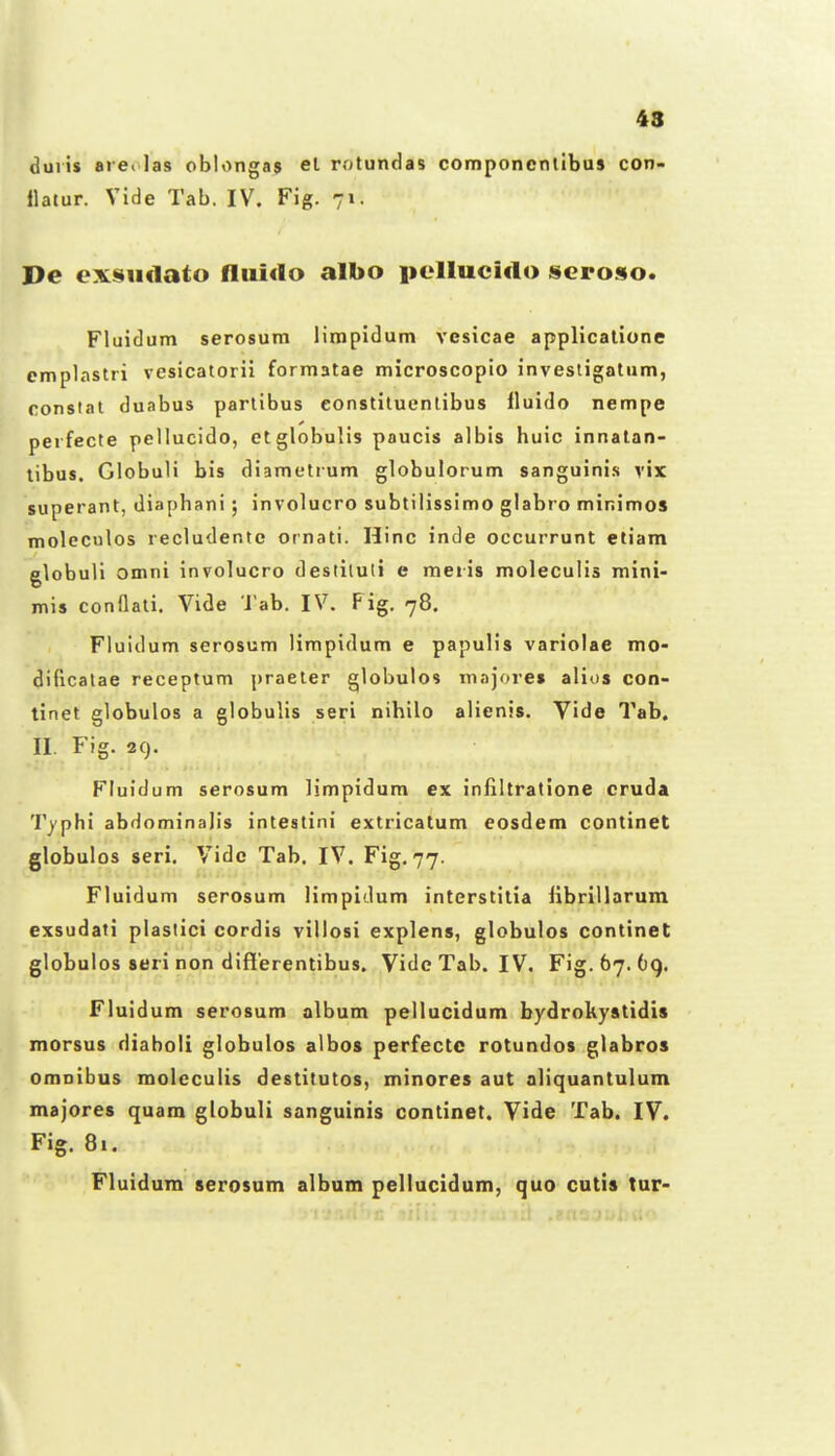 duiis arci las oblongas el rotundas componcntibus con- llatur. Vide Tab. IV. Fig. 71. De exsiidato fliii«lo albo pelluciclo scroso. Fluidum serosum lirapidum vesicae applicalione emplastri vesicatorii formatae microscopio invesiigatum, constal duabus partibus eonstituentibus lluido nempe perfecte pellucido, etglobulis paucis albis huic innatan- libus. Globuli bis diametrum globulorum sanguinis vix superant, diaphani; involucro subtilissimo glabro minimos moleculos recludentc ornati. Hinc inde occurrunt etiam globuH omni involucro destiluli e meiis moleculis mini- mis conflali. Vide i^ab. IV. Fig. 78. Fluidum serosum limpidum e papulis varioiae mo- dificatae receptum praeter globulos inajore» alios con- linet globulos a globulis seri nihilo alienis. Vide Tab. II. Fig. 29. Fluidum serosum limpidum ex infiltratione cruda T)'phi abdominalis intestini extricatum eosdem continet globulos seri. Vidc Tab. IV. Fig, 77. Fluidum serosum limpidum intcrstitia ilbrillarum exsudati plaslici cordis villosi explens, globulos contineC globulos seri non diflerentibus. VideTab. IV. Fig. 67. 69, Fluidum serosum album peilucidum bydrokyatidis morsus diaboli globulos albos perfecte rotundos glabros omoibus molcculis destitutos, minores aut aliquantulum majores quam globuli sanguinis continet. Vide Tab. IV. Fig. 81. Fluidum serosum album pellucidum, quo cutis tur-