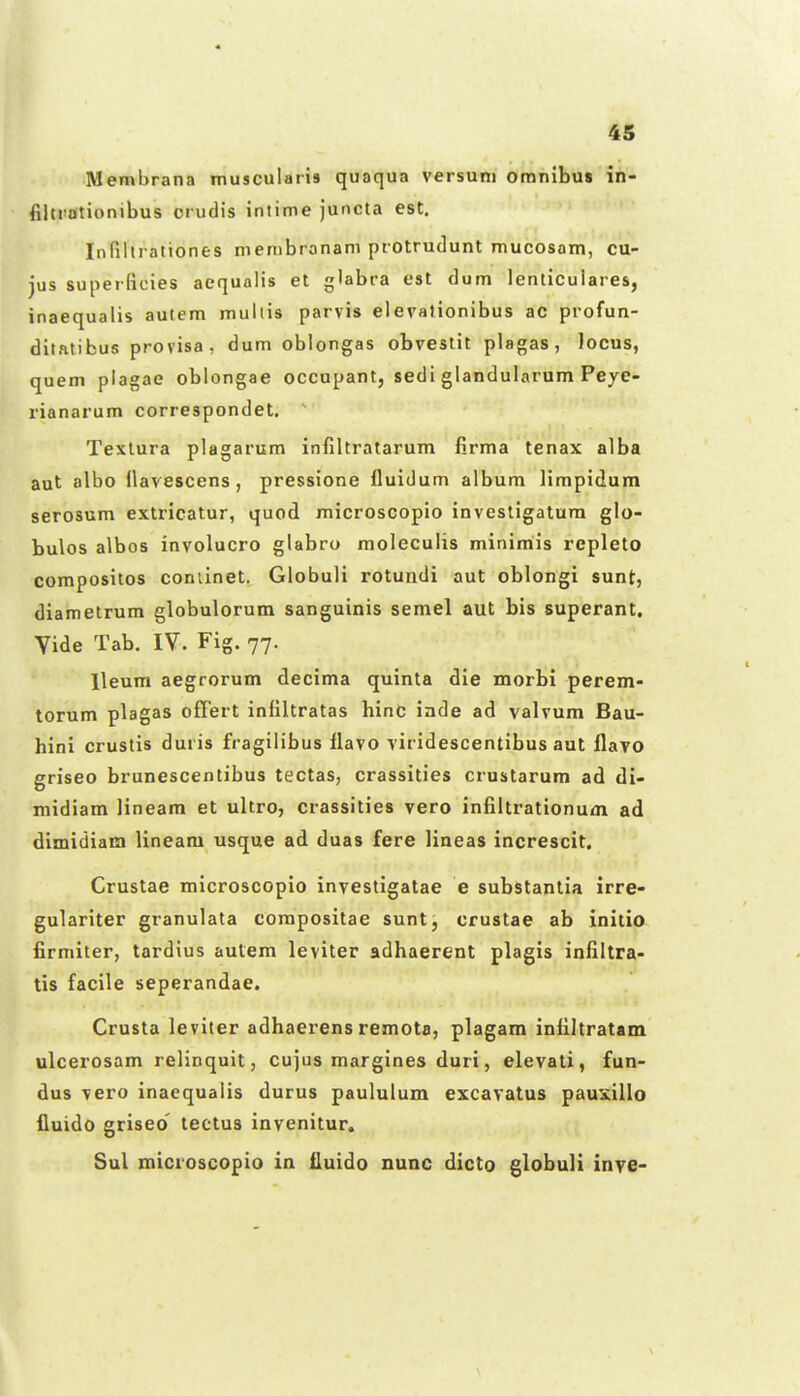 Membrana musculaiis quaqua versum omnibus in- filtrotionibus crudis intime juncta est. Inrilti ationes membranam protrudunt mucosam, cu- jus superficies aequalis et glabra est dum lenticuiares, inaequalis autem mullis parvis elevationibus ac profun- ditalibus provisa, dum oblongas obvestit plagas, locus, quem piagae oblongae occupant, sedi glandularum Peye- rianarum correspondet. ' Texlura plagarum infiltratarum firma tenax alba aut albo llavescens, pressione fluidum album limpidum serosum extricatur, quod microscopio investigatura glo- bulos albos involucro giabro nioleculis minimis repleto compositos coniinet. Globuli rotuiidi aut oblongi sunt, diametrum globulorum sanguinis semel aut bis superant. Yide Tab. IV. Fig. 77. lleum aegrorum decima quinta die morbi perem- torum plagas ofFert inliltratas hinc inde ad valvum Bau- hini crustis duris fragilibus llavo viridescentibus aut llavo griseo brunescentibus tectas, crassities crustarum ad di- midiam lineam et ultro, crassities vero infiltrationum ad dimidiam lineam usque ad duas fere lineas increscit. Crustae microscopio investigatae e substantia irre- gulariter granulata corapositae sunt, crustae ab initio firmiter, tardius autem leviter adhaerent plagis infiltra- tis facile seperandae. Crusta leviter adhaerens remota, plagara intiltratam ulcerosam relinquit, cujus margines duri, elevati, fun- dus vero inaequalis durus paululum excavatus pauxillo fiuido griseo tectus invenitur. Sul microscopio in iluido nunc dicto globuli inye-