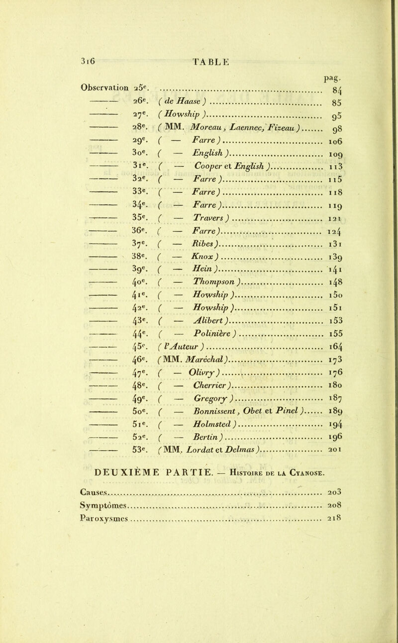 Pa§’ Observation a5e g^ 26e. ( de Haase ) g5 27e. ( Howship ) . g5 28e. ( MM. Moreau, Laennec, Fizeau ) g 8 — 29e. ( — Farre) 106 3oe. ( — English ) 109 — 31®. ( — Cooper et English )...■ n3 32e. ( — Farre ) n5 33e. ( — Farre) 118 34e. ( — Farre) 119 35e. ( — Travers ) 121 36e. ( — Farre) 124 37e. ( — Ribes) 131 38e. ( — Knox ) 139 39e. ( — Hein ) 141 4°e. ( — Thompson ) 148 4Ie. ( — Howship ) i5o 42e. ( — Howship ) 151 ——■— 43e. ( — Alibert) 153 44e- ( — Poliniere ) i55 — 45e. ( VAuteur ) 164 46e. (MM. Maréchal) 173 47e- ( — Olivry) \ 176 48e. ( — Cherrier) 180 49e- ( — Gregory ) — 187 5oe. ( — Bounissent, Obet et Pinel ) 189 5 ie. ( — Holmsted ) 194 52e. ( — Berlin) 196 53e. (MM. Lordat et Delmas) 201 DEUXIÈME PARTIE. — Histoire de la Cyanose. Causes 2o3 Symptômes 208 Paroxysmes 218