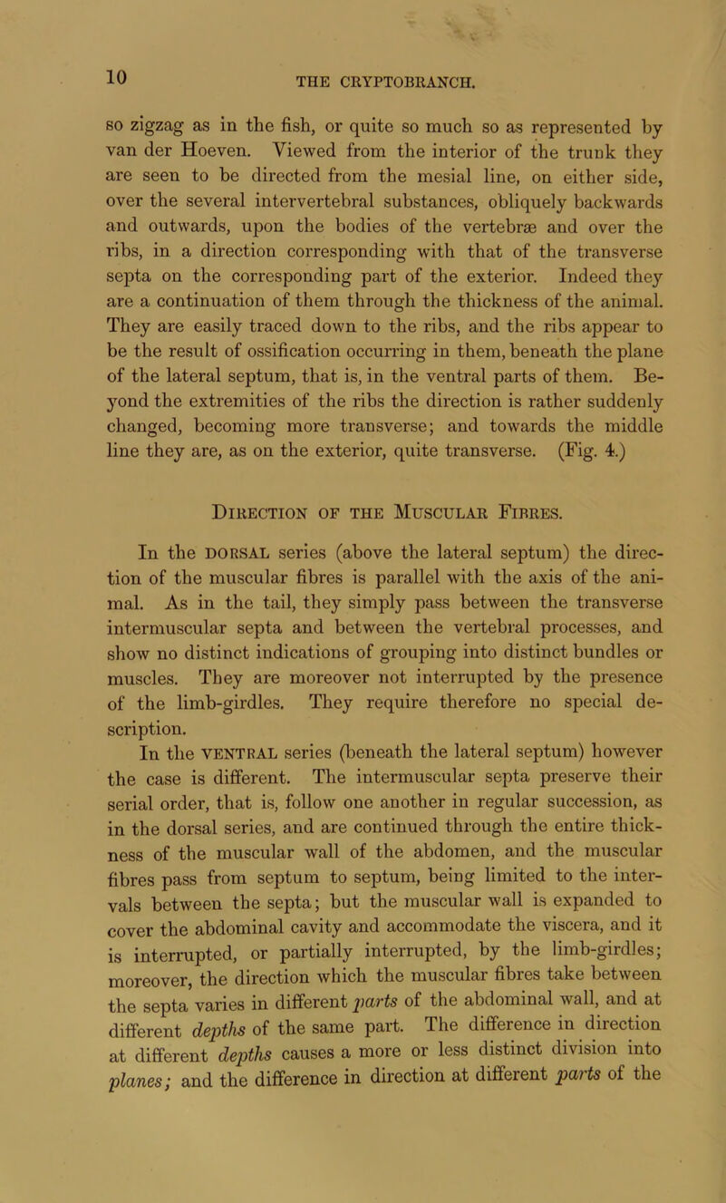 SO zigzag as in the fish, or quite so much so as represented by van der Hoeven. Viewed from the interior of the trunk they are seen to be directed from the mesial line, on either side, over the several intervertebral substances, obliquely backwards and outwards, upon the bodies of the vertebrae and over the ribs, in a direction corresponding with that of the transverse septa on the corresponding part of the exterior. Indeed the}'- are a continuation of them through the thickness of the animal. They are easily traced down to the ribs, and the ribs appear to be the result of ossification occurring in them, beneath the plane of the lateral septum, that is, in the ventral parts of them. Be- yond the extremities of the ribs the direction is rather suddenly changed, becoming more transverse; and towards the middle line they are, as on the exterior, quite transverse. (Fig. 4.) Direction of the Muscular Fibres. In the DORSAL series (above the lateral septum) the direc- tion of the muscular fibres is parallel with the axis of the ani- mal. As in the tail, they simply pass between the transverse intermuscular septa and between the vertebral processes, and show no distinct indications of grouping into distinct bundles or muscles. They are moreover not interrupted by the presence of the limb-girdles. They require therefore no special de- scription. In the VENTRAL series (beneath the lateral septum) however the case is different. The intermuscular septa preserve their serial order, that is, follow one another in regular succession, as in the dorsal series, and are continued through the entire thick- ness of the muscular wall of the abdomen, and the muscular fibres pass from septum to septum, being limited to the inter- vals between the septa; but the muscular wall is expanded to cover the abdominal cavity and accommodate the viscera, and it is interrupted, or partially interrupted, by the limb-girdles; moreover, the direction which the muscular fibres take between the septa varies in different parts of the abdominal wall, and at different depths of the same part. The difference in direction at different depths causes a more or less distinct division into planes; and the difference in direction at different parts of the