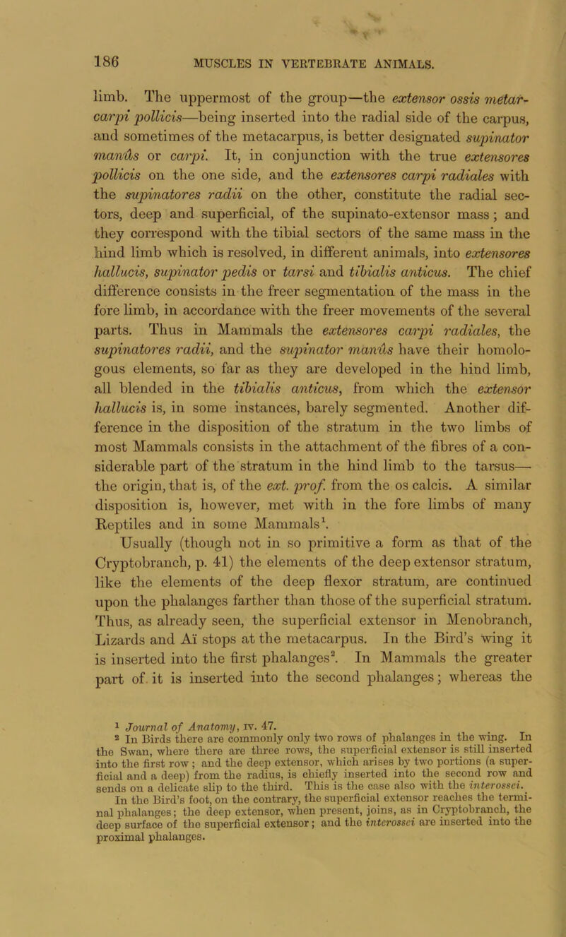 limb. The uppermost of the group—the extensor ossis metar- carpi pollicis—being inserted into the radial side of the carpus, and sometimes of the metacarpus, is better designated supinator maniXs or carpi. It, in conjunction with the true extensores pollicis on the one side, and the extensores carpi radiates with the supinatores radii on the other, constitute the radial sec- tors, deep and superficial, of the supinato-extensor mass; and they correspond with the tibial sectors of the same mass in the hind limb which is resolved, in different animals, into extensores hallucis, supinator pedis or tarsi and tibialis anticus. The chief difference consists in the freer segmentation of the mass in the fore limb, in accordance with the freer movements of the several parts. Thus in Mammals the extensores carpi radiates, the supinatores radii, and the supinator man4,s have their homolo- gous elements, so far as they are developed in the hind limb, all blended in the tibialis anticus, from which the extensor hallucis is, in some instances, barely segmented. Another dif- ference in the disposition of the stratum in the two limbs of most Mammals consists in the attachment of the fibres of a con- siderable part of the stratum in the hind limb to the tarsus— the origin, that is, of the ext. prof, from the os calcis. A similar disposition is, however, met with in the fore limbs of many Reptiles and in some Mammals ^ Usually (though not in so primitive a form as that of the Cryptobranch, p. 41) the elements of the deep extensor stratum, like the elements of the deep flexor stratum, are continued upon the phalanges farther than those of the superficial stratum. Thus, as already seen, the superficial extensor in Menobranch, Lizards and Ai stops at the metacarpus. In the Bird’s wing it is inserted into the first phalanges^ In Mammals the greater part of. it is inserted into the second phalanges; whereas the 1 Journal of Anatomy, tv. 47. 2 In Birds there are commonly only two rows of phalanges in the wing. In the Swan, where there are three rows, the superficial extensor is still inserted into the first row; and the deep extensor, which arises by two portions (a super- ficial and a deep) from the radius, is chiefly inserted into the second row and sends on a delicate slip to the third. This is the case also with the interossci.^ In the Bird’s foot, on the contrary, the superficial extensor reaches the termi- nal phalanges; the deep extensor, when present, joins, as in Cryptobranch, the deep surface of the superficial extensor; and the intcrossei are inserted into the proximal phalanges.