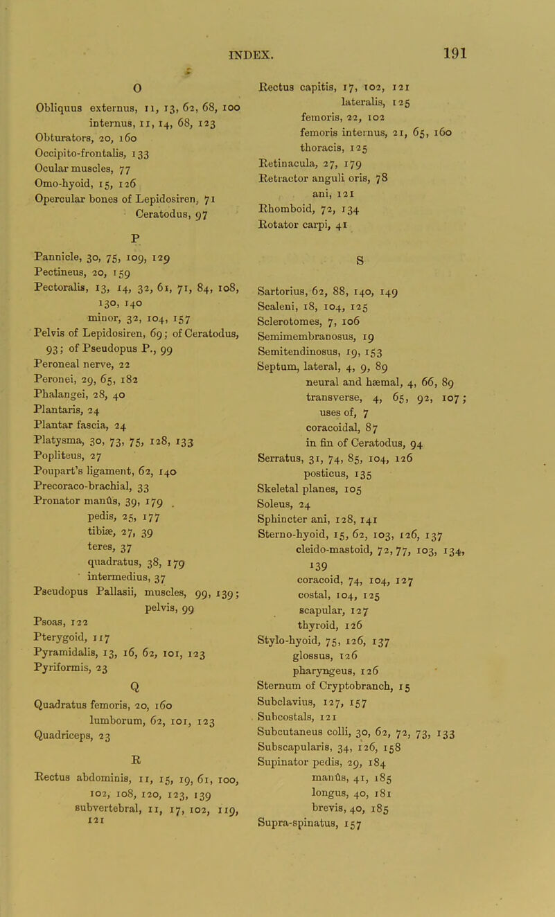 o Obliquus externus, ii, 13, 62, 68, 100 internus, ii, 14, 68, 123 Obturators, 20, 160 Occipito-frontalis, 133 Ocular muscles, 77 Omo-hyoid, 15, 126 Opercular bones of Lepidosiren, 71 Ceratodus, 97 P Pannicle, 30, 75, 109, 129 Pectineus, 20, 159 Pectoralis, 13, 14, 32, 61, 71, 84, 108, 130, 140 minor, 32, 104, 157 Pelvis of Lepidosiren, 69; of Ceratodus, 93; of Pseudopus P., 99 Peroneal nerve, 22 Peronei, 29, 65, 182 Phalange!, 28, 40 Plantaris, 24 Plantar fascia, 24 Platysma, 30, 73, 75, 128, 133 Popliteus, 27 Poupart’s ligament, 62, 140 Precoraco-brachial, 33 Pronator man^s, 39, 179 pedis, 25, 177 tibiae, 27, 39 teres, 37 quadratus, 38, 179 ■ intermedins, 37 Pseudopus Pallasii, muscles, 99, 139; pelvis, 99 Psoas, 122 Pterygoid, 117 Pyramidalis, 13, 16, 62, loi, 123 Pyriformis, 23 Q Quadratus femoris, 20, 160 lumborum, 62, loi, 123 Quadriceps, 23 R Rectus abdominis, ii, 15, 19, 6i, 100, 102, 108, 120, 123, 139 Bubvertebral, ii, 17, 102, 1x9, 121 Rectus capitis, 17, 102, 121 lateralis, 125 femoris, 22, 102 femoris internus, 21, 65, 160 thoracis, 125 Retinacula, 27, 179 Retractor anguli oris, 78 ani, 121 Rhomboid, 72, 134 Rotator carpi, 41 S Sartorius, 62, 88, 140, 149 Scaleni, 18, 104, 125 Sclerotomes, 7, 106 Semimembranosus, 19 Semitendinosus, 19, 153 Septum, lateral, 4, 9, 89 neural and haemal, 4, 66, 89 transverse, 4, 65, 92, 107; uses of, 7 coracoidal, 87 in fin of Ceratodus, 94 Serratus, 31, 74, 85, 104, 126 posticus, 135 Skeletal planes, 105 Soleus, 24 Sphincter ani, 128, 141 Sterno-hyoid, 15, 62, 103, 126, 137 cleido-mastoid, 72, 77, 103, 134, ^39 coracoid, 74, 104, 127 costal, 104, 125 scapular, 127 thyroid, 126 Stylo-hyoid, 75, 126, 137 glossus, 126 pharyngeus, 126 Sternum of Cryptobranch, 15 Subclavius, 127, 157 Subcostals, 121 Subcutaneus colli, 30, 62, 72, 73, 133 Subscapularis, 34, 126, 158 Supinator pedis, 29, 184 manfis, 41, 185 longus, 40, 181 brevis, 40, 185 Supra-spinatus, 157