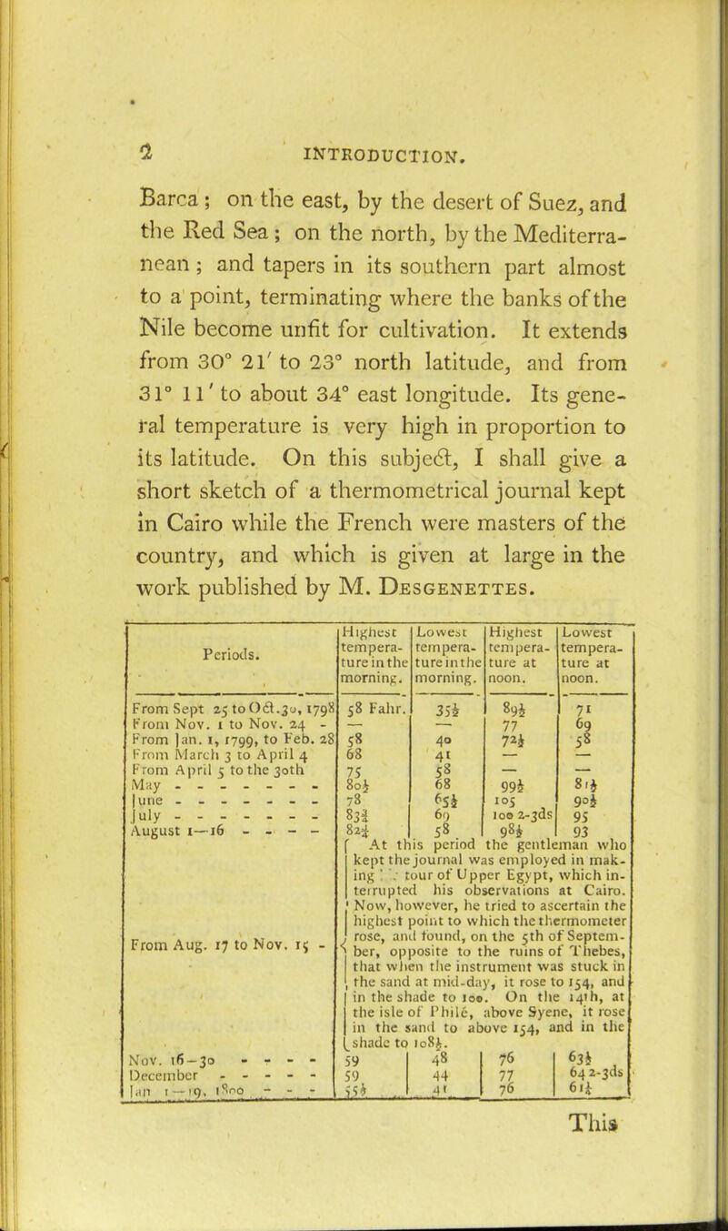 Barca ; on the east, by the desert of Suez, and the Red Sea ; on the north, by the Mediterra- nean ; and tapers in its southern part almost to a point, terminating where the banks of the Nile become unfit for cultivation. It extends from 30° 21' to 23° north latitude, and from 31° 11' to about 34° east longitude. Its gene- ral temperature is very high in proportion to its latitude. On this subjedt, I shall give a short sketch of a thermometrical journal kept in Cairo while the French were masters of the country, and which is given at large in the work published by M. Desgenettes. Periods. From Sept 25 to 061.30,1798 From Nov. 1 to Nov. 24 From ]an. r, 1799, to Feb. 28 From March 3 to April 4 From April 5 to the 30th May - - - - - - - |une ------- July August i—16 - - - - From Aug. 17 to Nov. 1$ - Highest tempera- ture in th morning. Lowest tempera- ture inthe morning. Highest tempera- ture at noon. 35i «9i * 77 40 72* 4« — 58 — 68 99* 6si i°3 69 100 z-jas 5». . 98* 1 Lowest tempera- ture at noon. 7i 69 58 58 Fahr. 68 75 8oi 68 99* 81J 78 65$ 105 90J 83 J 69 ioo2-3ds 93 824 58 98* I 93 At this period the gentleman who kept the journal was employed in mak- ing ! . tour of Upper Egypt, which in- terrupted his observations at Cairo. Now, however, he tried to ascertain the highest point to which the thermometer J rose, anil found, on the 5th of Septem- ; ber, opposite to the ruins of Thebes, that when the instrument was stuck in the sand at mid-day, it rose to 154, and in the shade to 100. On the 14th, at the isle of Phile, above Syene, it rose in the sand to above 154, and in the *3i 64 2-3ds 61* NoV. 16 — 30 - r - - 59 48 76 December ----- 59 44 77 Ian 1 —19. 1800 - - - 55* . 4*. 76 This