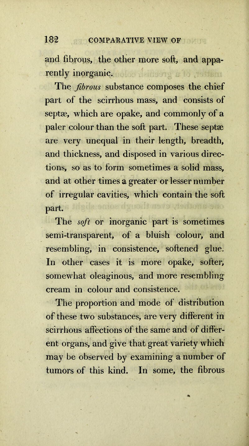 and fibrous, the other more soft, and appa- rently inorganic. The fibrous substance composes the chief part of the scirrhous mass, and consists of septae, which are opake, and commonly of a paler colour than the soft part. These septae are very unequal in their length, breadth, and thickness, and disposed in various direc- tions, so as to form sometimes a solid mass, and at other times a greater or lesser number of irregular cavities, which contain the soft part. The soft or inorganic part is sometimes semi-transparent, of a bluish colour, and resembling, in consistence, softened glue. In other cases it is more opake, softer, somewhat oleaginous, and more resembling cream in colour and consistence. The proportion and mode of distribution of these two substances, are very different in scirrhous affections of the same and of differ- ent organs, and give that great variety which may be observed by examining a number of tumors of this kind. In some, the fibrous