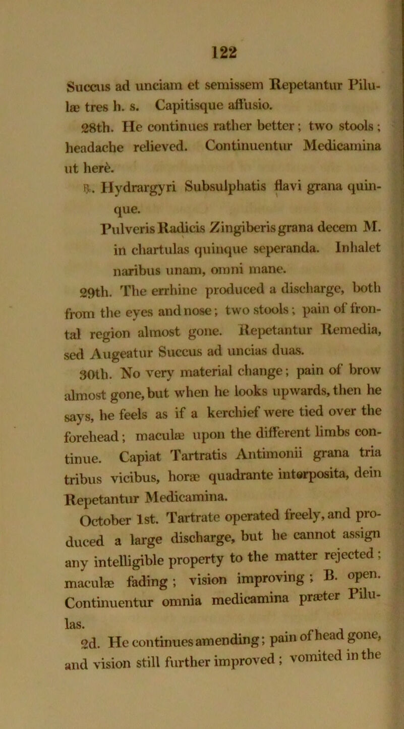 Succus ad unciam et semissem Repetantur Pilu- 1® tres h. s. Capitisque affusio. 28th. He continues rather better; two stools; headache relieved. Continuentur Medicamina lit her&. r. Hydrargyri Subsulphatis flavi grana quin- que. Pulveris Radicis Zingiberis grana decern M. in chartulas quinque seperanda. lnlialet naribus unaro, omni mane. 29th. The errhine produced a discharge, both from the eyes and nose; two stools; pain of fron- tal region almost gone. Repetantur Remedia, sed Augeatur Succus ad uncias duas. 30th. No very material change ; pain of brow almost gone, but when he looks upwards, then he says, he feels as if a kerchief were tied over the forehead; maculie upon the different limbs con- tinue. Capiat Tartratis Antimonii grana tria tribus vicibus, hone quadrante interposita, dein Repetantur Medicamina. October 1st. Tartrate operated freely, and pro- duced a large discharge, but he cannot assign any intelligible property to the matter rejected; maculae fading; vision improving; B. open. Continuentur omnia medicamina prreter Pilu- 2d. He continues amending; pain of head gone, and vision still further improved ; vomited m the