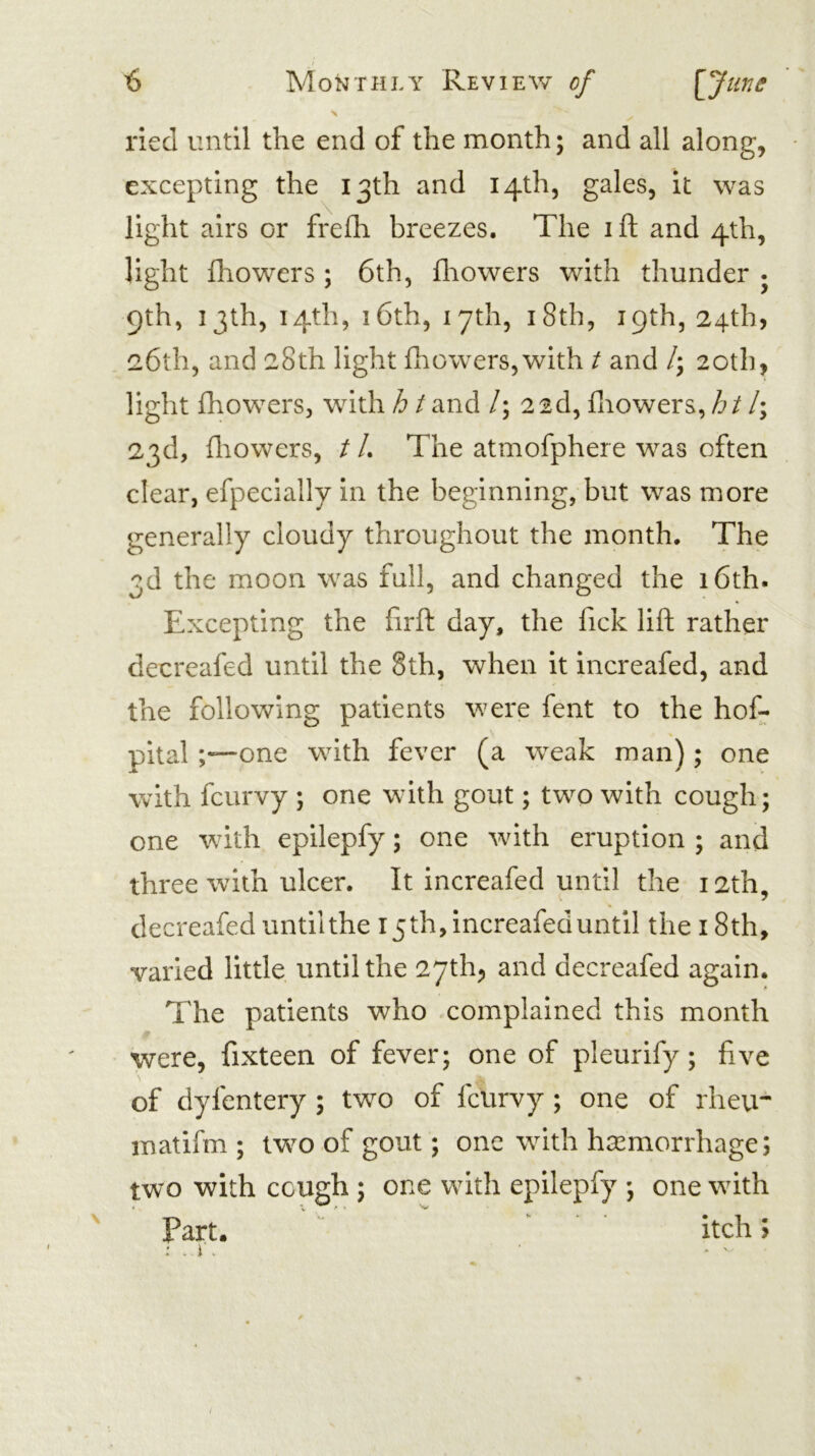 lied until the end of the month; and all along, excepting the 13th and 14th, gales, it was light airs or frelh breezes. The i ft and 4th, light Ihowers; 6th, fliowers with thunder • 9th, 13th, 14th, 16th, 17th, 18th, 19th, 24th, 26th, and 28th light ftiowers,with t and /; 20th, light fhowers, with Z?/and/; 2 2d, fliowers,/:;//; 23d, ftiowers, t L The atmofphere was often clear, efpecially in the beginning, but was more generally cloudy throughout the month. The 3d the moon was full, and changed the 16th. Excepting the firft day, the fick lift rather decreafed until the 8th, when it increafed, and the following patients were fent to the hof- pital one with fever (a weak man) ; one with fcurvy ; one with gout; two with cough; one with epilepfy; one wdth eruption ; and three with ulcer. It increafed until the 12th, decreafed until the 15 th, increafed until the 18 th, varied little until the 27th^ and decreafed again. The patients who complained this month were, fixteen of fever; one of pleurify; five of dyfentery ; two of fcvirvy; one of rhevr inatifm ; two of gout; one with hemorrhage; two with cough; one with epilepfy ; one with Part. ; - 1', itch >