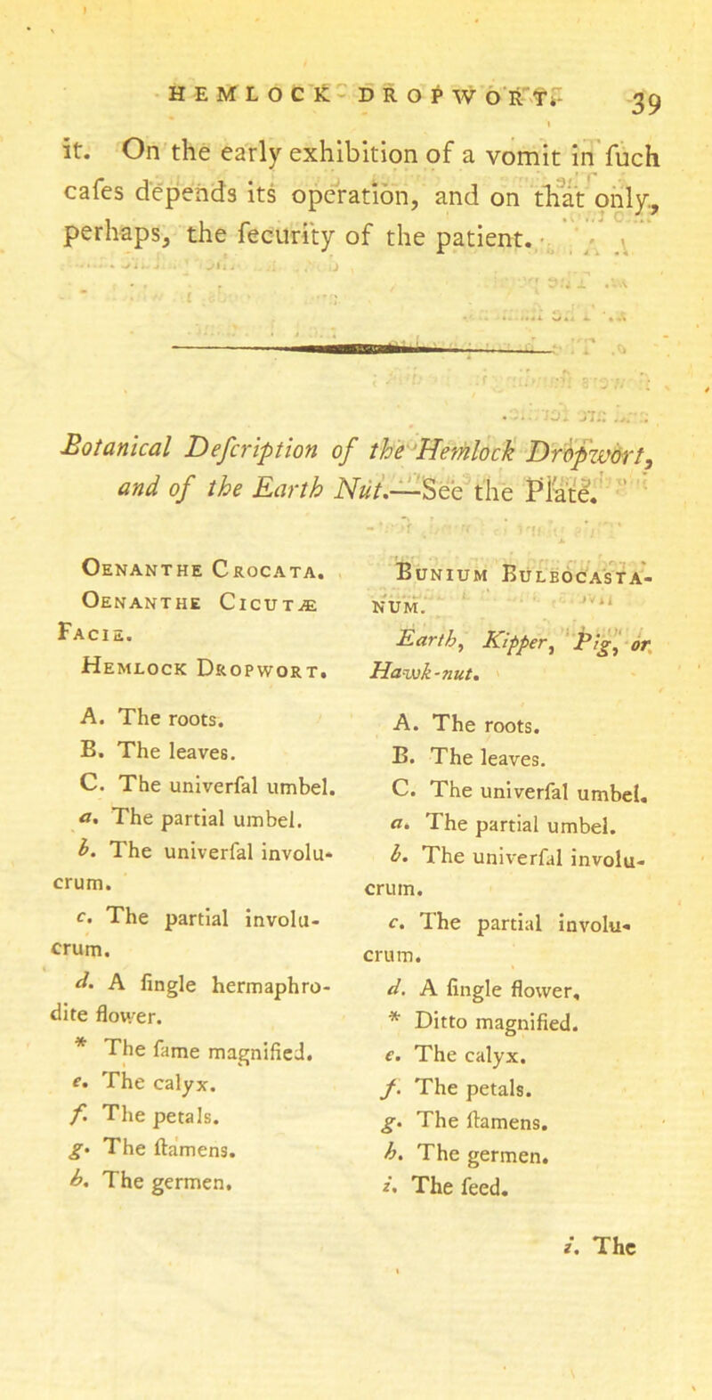 it. On the early exhibition of a vomit in fuch cafes depends its operation, and on that only,, perhaps, the fecurity of the patient. • ••ml Oti <• • *» — Botanical Defcription of the Hemlock Dropzvort, and of the Earth Nut.—See the Plate. -hof f/crrr : r, ir^J.r p Bunium Buleocasta- NUM. Earth, Kipper, Pig, or Hawk-nut. Oenanthe Crocata. OENANTHE ClCUTAE Facie. Hemlock Dropwort. A. The roots. B. The leaves. C. The univerfal umbel. a. The partial umbel. h. The univerfal involu* erum. c. The partial involu- crum. d. A fingle hermaphro- dite flov/er. * The fame magnified. e. The calyx. f The petals. g. The ftamens. h. The germen. A. The roots. B. The leaves. C. The univerfal umbel. a. The partial umbel. b. The univerfal involu- crum. c. The partial involu* crum. d. A fingle flower, * Ditto magnified. e. The calyx, f. The petals. g. The ftamens. h. The germen. i. The feed. i. The