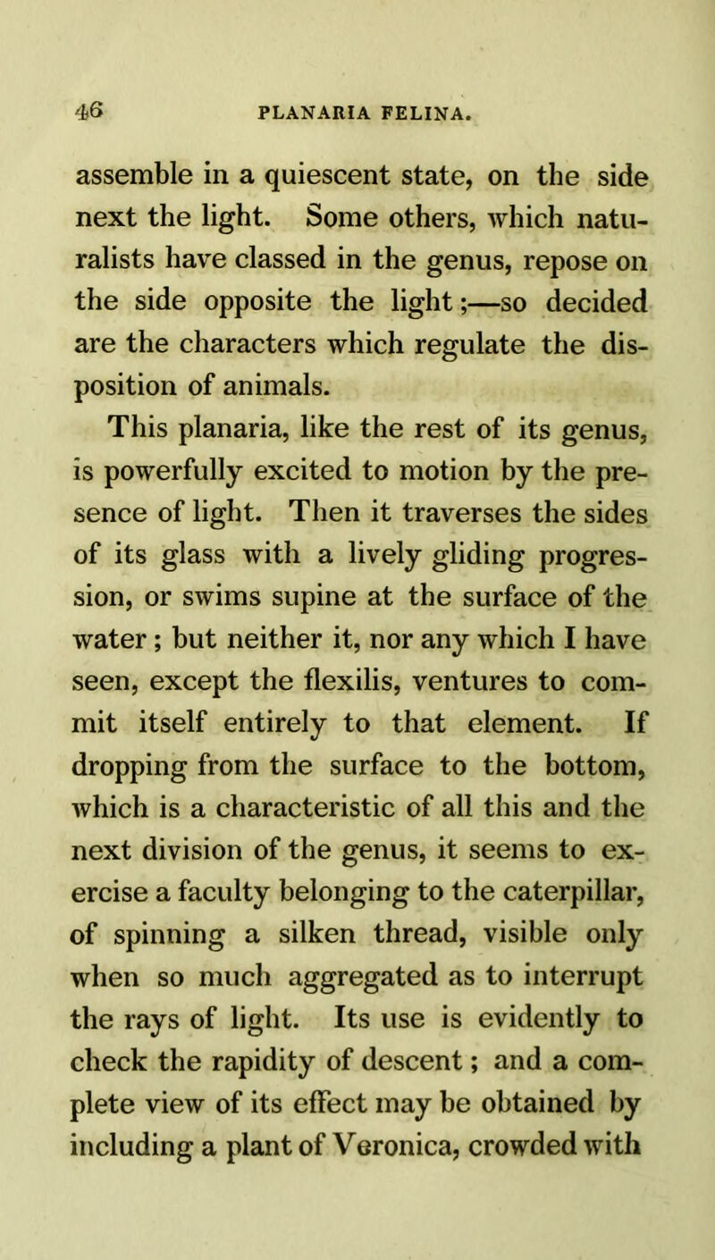 assemble in a quiescent state, on the side next the light. Some others, which natu- ralists have classed in the genus, repose on the side opposite the light;—so decided are the characters which regulate the dis- position of animals. This planaria, like the rest of its genus, is powerfully excited to motion by the pre- sence of light. Then it traverses the sides of its glass with a lively gliding progres- sion, or swims supine at the surface of the water; but neither it, nor any which I have seen, except the flexilis, ventures to com- mit itself entirely to that element. If dropping from the surface to the bottom, which is a characteristic of all this and the next division of the genus, it seems to ex- ercise a faculty belonging to the caterpillar, of spinning a silken thread, visible only when so much aggregated as to interrupt the rays of light. Its use is evidently to check the rapidity of descent; and a com- plete view of its effect may he obtained by including a plant of Veronica, crowded with