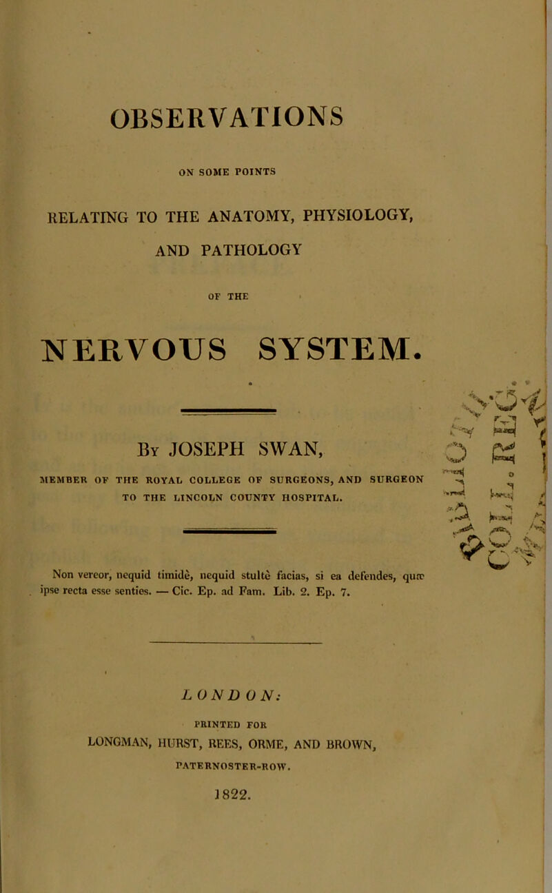 OBSERVATIONS ON SOME POINTS RELATING TO THE ANATOMY, PHYSIOLOGY, AND PATHOLOGY NERVOUS SYSTEM. By .JOSEPH SWAN, MEMBER OF THE ROYAL COLLEGE OF SURGEONS, AND SURGEON TO THE LINCOLN COUNTY HOSPITAL. Non vereor, ncquid timide, nequid stulte facias, si ea defendes, quo1 ipse recta esse senties. — Cic. Ep. ad Earn. Lib. 2. Ep. 7. •- a \ o 5 :3. jr\ A* rT W v LONDON: PRINTED FOR LONGMAN, HURST, REES, ORME, AND BROWN, PATERNOSTER-ROW. 1822.