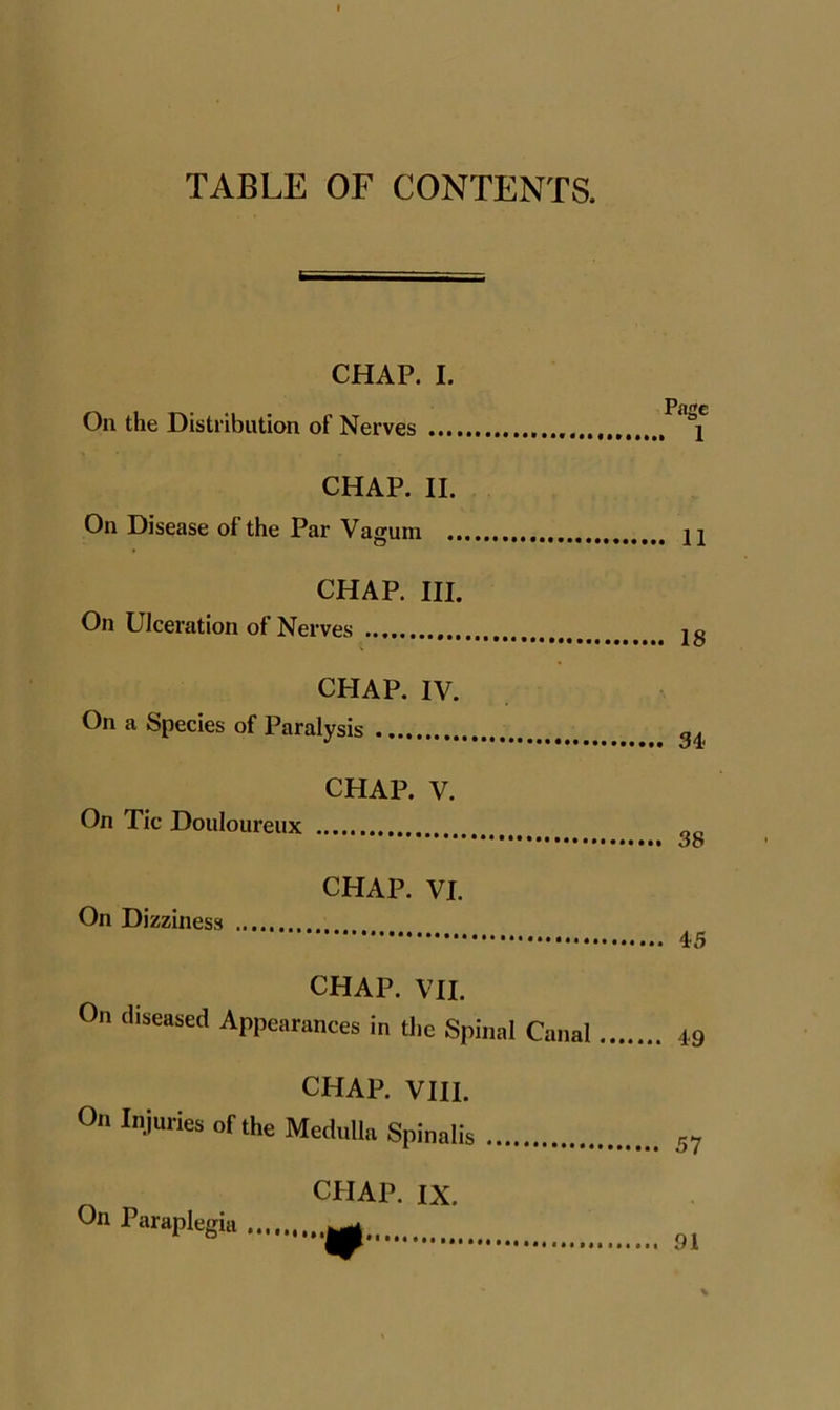 TABLE OF CONTENTS. CHAP. I. On the Distribution of Nerves CHAP. II. On Disease of the Par Vagum CHAP. III. On Ulceration of Nerves CHAP. IV. On a Species of Paralysis CHAP. V. On Tic Douloureux CHAP. VI. On Dizziness CHAP. VII. On diseased Appearances in the Spinal Canal CHAP. VIII. °n In.iui’ies of the Medulla Spinalis CHAP. IX. 11 18 34 38 45 49 57 On Paraplegia 91