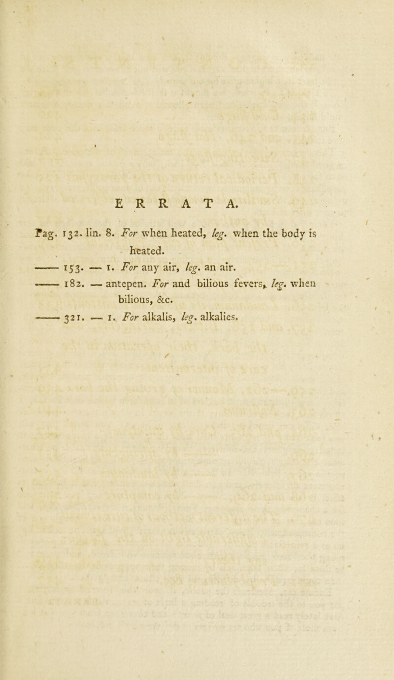 t ERRATA. Pag. 132. lin. 8. For when heated, leg. when the body is heated. 153. — 1. For any air, leg* an air. 182. — antepen. For and bilious fevers* leg. when bilious, &c. 321. — 1. For alkalis, leg* alkalies. / ' I