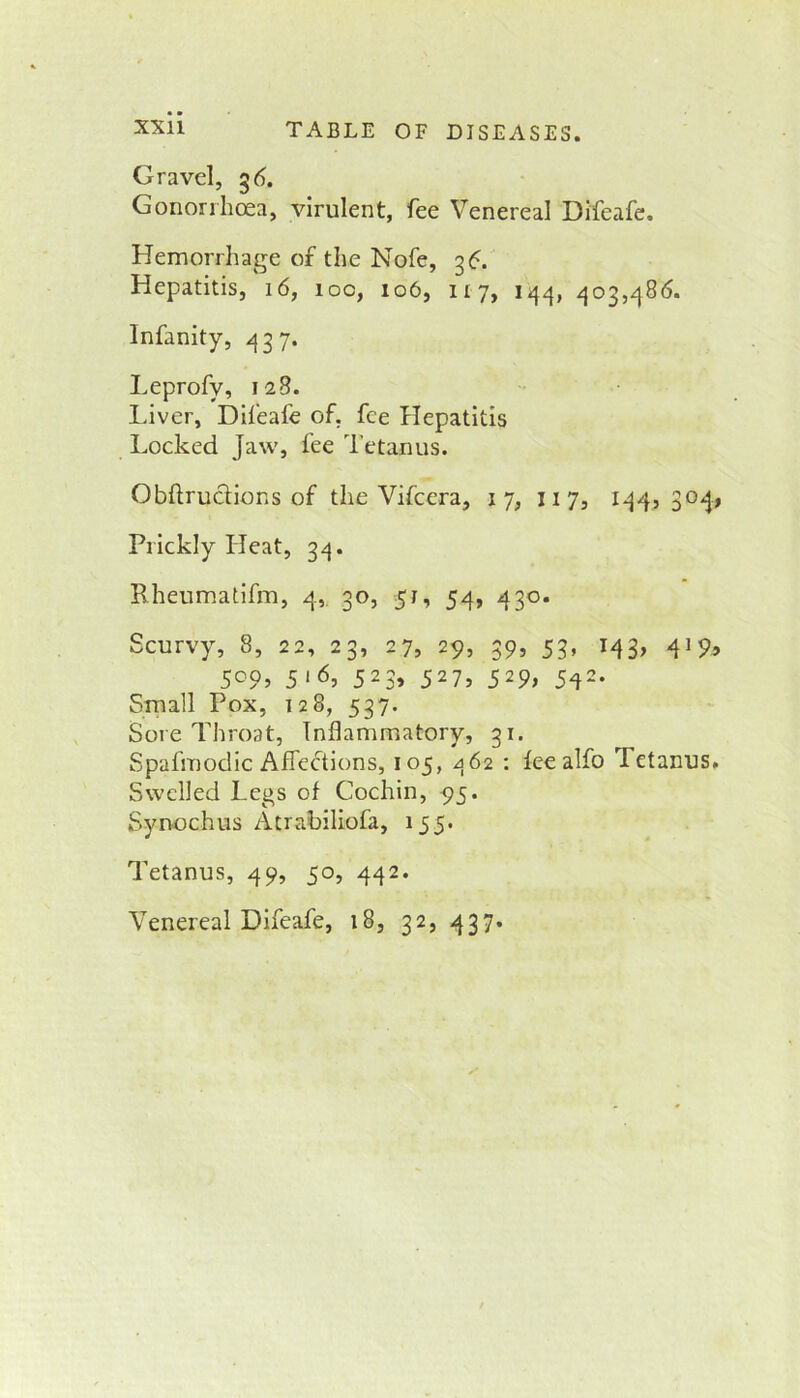 TABLE OF DISEASES. Gravel, 56. Gonorrhoea, virulent, fee Venereal Difeafc. Hemorrhage of the Nofe, 36. Hepatitis, 16, 100, 106, 117, 144, 403,486. Infanity, 437. Leprofy, 128. Liver, Difeafe of. fee Hepatitis Locked Jaw, fee Tetanus. Obftruclions of the Vifcera, 17, 117, 144,304, Prickly Heat, 34. Rheumatifm, 4,. 30, 51, 54, 430. Scurvy, 8, 22, 23, 27, 29, 39, 53, 143, 41% 500, 516, 523, 527, 529, 542. Small Pox, 128, 537. Sore Throat, Inflammatory, 31. Spafmoclic Affections, 105, 462 ; feealfo Tetanus. Swelled Legs of Cochin, 95. Syrvochus Atrabiliofa, 155. Tetanus, 49, 50, 442. Venereal Difeafe, 18, 32, 437.