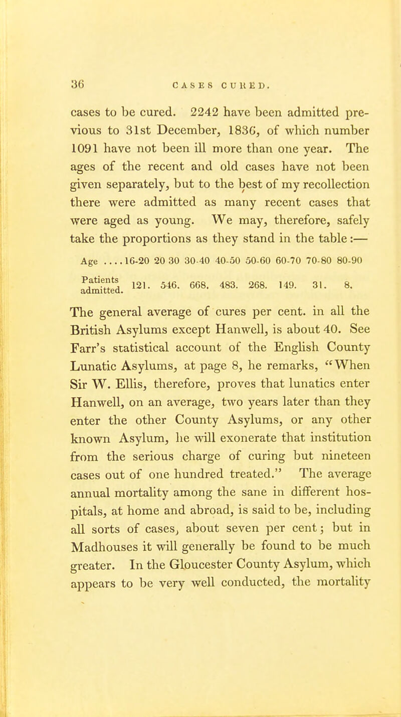 cases to be cured. 2242 have been admitted pre- vious to 31st December, 1836, of which number 1091 have not been ill more than one year. The ages of the recent and old cases have not been given separately, but to the best of my recollection there were admitted as many recent cases that were aged as young. We may, therefore, safely take the proportions as they stand in the table:— Age 16-20 20 30 30-40 40-50 50-60 60-70 70-80 80-90 admitted 121 * 346' 668, 483- 268- ,49- 31' 8- The general average of cures per cent, in all the British Asylums except Hanwell, is about 40. See Farr's statistical account of the English County Lunatic Asylums, at page 8, he remarks, When Sir W. Ellis, therefore, proves that lunatics enter Hanwell, on an average, two years later than they enter the other County Asylums, or any other known Asylum, he will exonerate that institution from the serious charge of curing but nineteen cases out of one hundred treated. The average annual mortality among the sane in different hos- pitals, at home and abroad, is said to be, including all sorts of cases^ about seven per cent; but in Madhouses it will generally be found to be much greater. In the Gloucester County Asylum, which appears to be very well conducted, the mortality