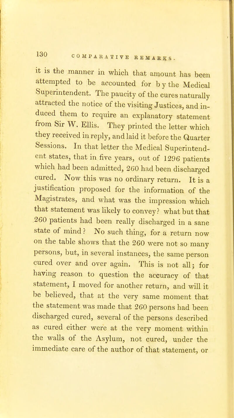 it is the manner in which that amount has been attempted to be accounted for by the Medical Superintendent. The paucity of the cures naturally attracted the notice of the visiting Justices, and in- duced them to require an explanatory statement from Sir W. Ellis. They printed the letter which they received in reply, and laid it before the Quarter Sessions. In that letter the Medical Superintend- ent states, that in five years, out of 1296 patients which had been admitted, 260 had been discharged cured. Now this was no ordinary return. It is a justification proposed for the information of the Magistrates, and what was the impression which that statement was likely to convey? what but that .260 patients had been really discharged in a sane state of mind ? No such thing, for a return now on the table shows that the 260 were not so many persons, but, in several instances, the same person cured over and over again. This is not all; for having reason to question the accuracy of that statement, I moved for another return, and will it be believed, that at the very same moment that the statement was made that 260 persons had been discharged cured, several of the persons described as cured either were at the very moment within the walls of the Asylum, not cured, under the immediate care of the author of that statement, or