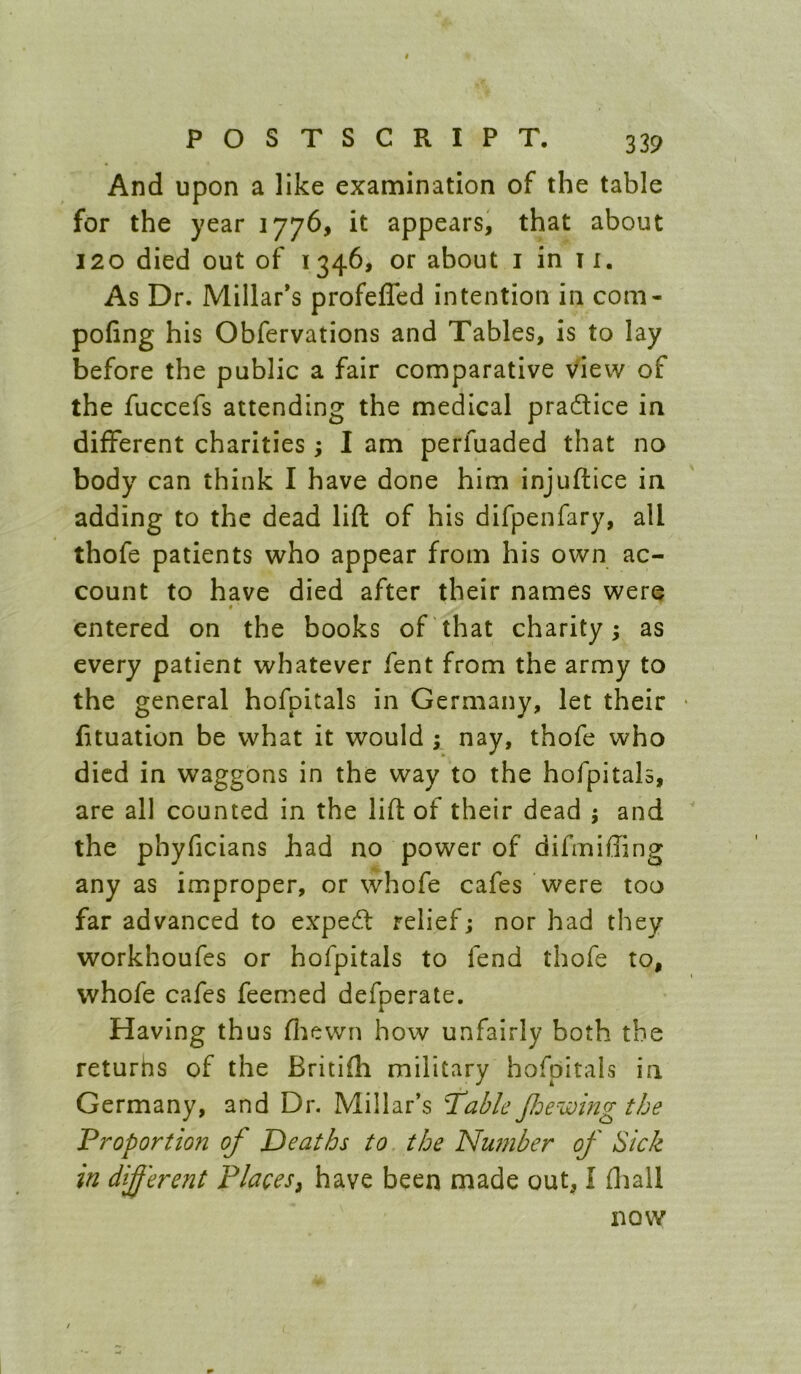 And upon a like examination of the table for the year 1776, it appears, that about 120 died out of 1346, or about i in ii. As Dr. Millar’s profeffed intention in com- pofing his Obfervations and Tables, is to lay before the public a fair comparative View of the fuccefs attending the medical pradice in different charities; I am perfuaded that no body can think I have done him injuftice in adding to the dead lift of his difpenfary, all thofe patients who appear from his own ac- count to have died after their names were 0 entered on the books of that charity; as every patient whatever fent from the army to the general hofpitals in Germany, let their * fttuation be what it would ; nay, thofe who died in waggons in the way to the hofpitals, are all counted in the lift of their dead ; and the phyficians had no power of difmiffing any as improper, or whofe cafes were too far advanced to expedl relief; nor had they workhoufes or hofpitals to fend thofe to, whofe cafes feemed defperate. Having thus fliewn how unfairly both the returhs of the Britifh military hofpitals in Germany, and Dr. Millar’s Ta6/e Jloewing the Proportion of Deaths to the IS!umber of Sick in different Places^ have been made out, I fliall now