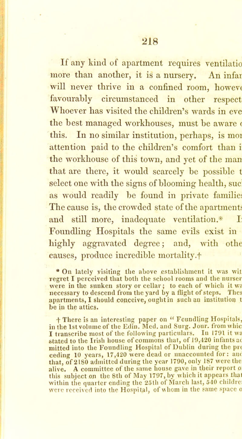 If any kind of apartment requires ventilatio more than another, it is a nursery. An infar will never thrive in a confined room, howevt favourably circumstanced in other respect Whoever has visited the children’s wards in eve the best managed workhouses, must he aware ( this. In no similar institution, perhaps, is moi attention paid to the children’s comfort than i the workhouse of this town, and yet of the man that are there, it would scarcely he possible t select one with the signs of blooming health, sue as would readily be found in private familief The cause is, the crowded state of the apartments and still more, inadequate ventilation.* I: Foundling Hospitals the same evils exist in highly aggravated degree; and, with othe causes, produce incredible mortality.f * On lately visiting the above establishment it was wit regret I perceived that botli the school rooms and the nurser were in the sunken story or cellar; to eacli of which it wa necessary to descend from the yard by a flight of steps. Thes apartments, I should conceive, ought in such an institution t be in the attics. f There is an interesting paper on “ Foundling Hospitals, in the 1st volume of the Edin. bled, and Sin g. Jour, from whic I transcribe most of the following particulars. In 1791 it wa stated to the Irish house of commons that, of 19,420 infants at mitted into the Foundling Hospital of Dublin during the pi t ceding 10 years, 17,420 were dead or unaccounted for: ant that, of 2180 admitted during the year 1790, only 1S7 were the alive. A committee of the same house gave in their report o this subject on the 8th of May 1797, by which it appears that within tiie quarter ending the 25th of March last, 540 childrei were received into the Hospital, of whom in the same space o