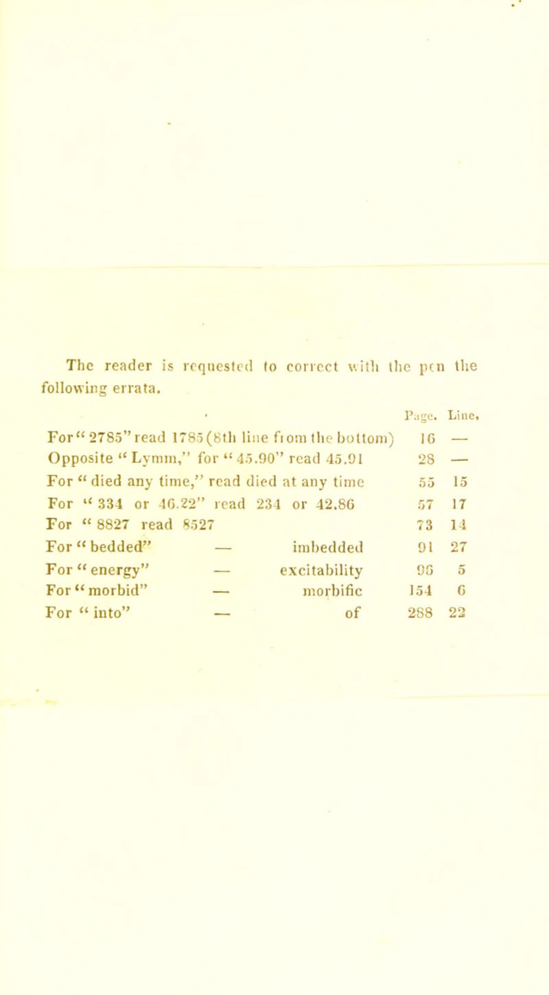 The reader is requested to correct with the pen the following errata. • Page. Line, For“ 2785”read 1 785(8th line ftom the bottom) 16 — Opposite “ Lymin. for “ 45.90” read 45.91 28 — For “ died any time,” read died at any time 55 15 For “ 334 or 46.22” read 234 or 42.86 57 17 For “ 8827 read 8527 73 14 For “ bedded” — imbedded 91 27 For “ energy” — excitability 96 5 For “ morbid” — morbific 154 6 For “ into” — of 288 22