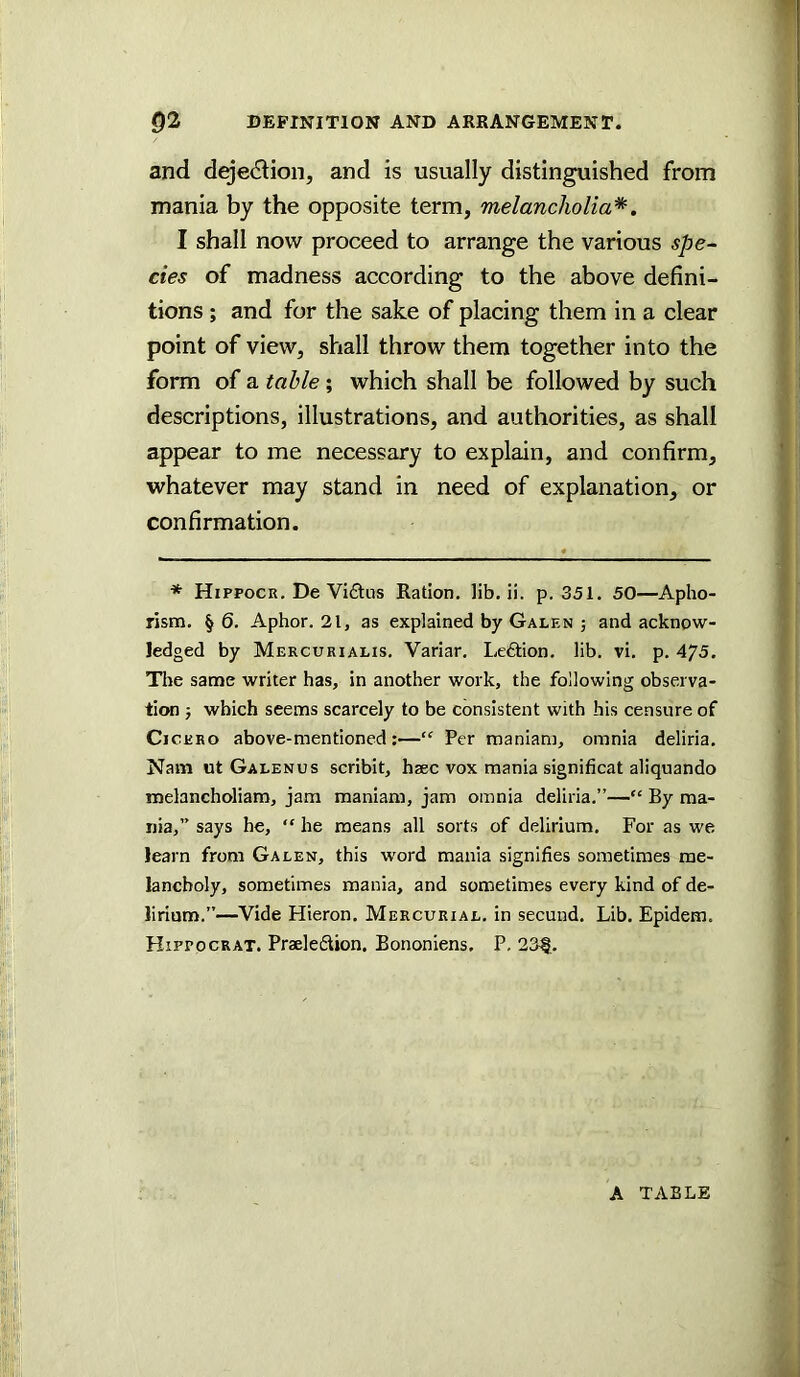 and dge^tion, and is usually distinguished from mania by the opposite term, melancholia*. I shall now proceed to arrange the various spe- cies of madness according to the above defini- tions ; and for the sake of placing them in a clear point of view, shall throw them together into the form of a table; which shall be followed by such descriptions, illustrations, and authorities, as shall appear to me necessary to explain, and confirm, whatever may stand in need of explanation, or confirmation. * Hippocr. De Vi6tus Ration, lib. ii. p. 351. 50—Apho- rism. §6. Aphor. 21, as explained by Galen ; and acknow- ledged by Mercuriahs, Variar. Leftion. lib. vi. p. 475. The same writer has, in another work, the following observa- tion j which seems scarcely to be consistent with his censure of Cicero above-mentioned;—“ Per maniam, omnia deliria. Nam ut Galenus scribit, hsec vox mania significat aliquando melancholiam, jam maniam, jam omnia deliria.”—“ By ma- nia,” says he, “ he means all sorts of delirium. For as we learn from Galen, this word mania signifies sometimes me- lancholy, sometimes mania, and sometimes every kind of de- lirium.”—Vide Hieron. Mercurial, in secund. Lib. Epidem. Hippocrat. Praele6Uon. Bononiens. P, 23§. A TABLE