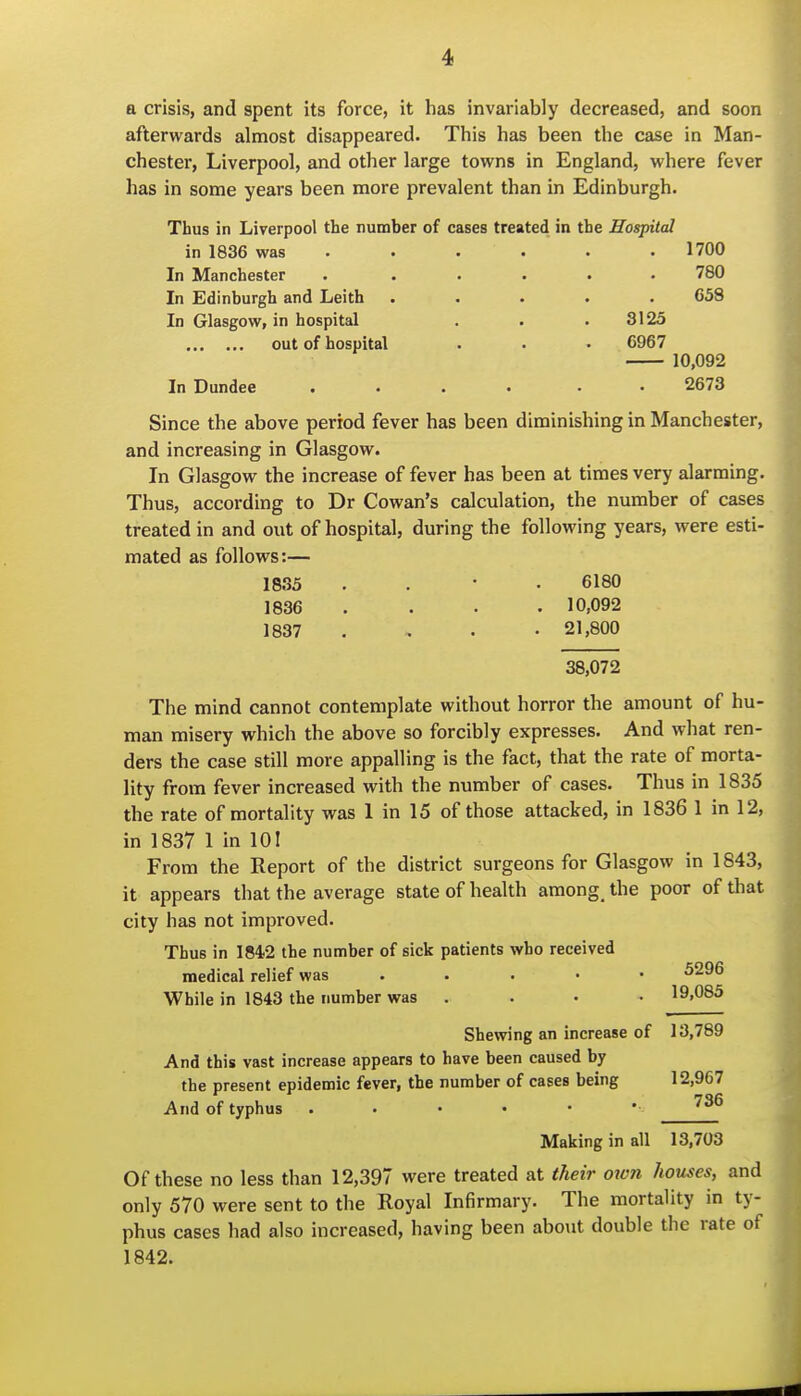 a crisis, and spent its force, it has invariably decreased, and soon afterwards almost disappeared. This has been the case in Man- chester, Liverpool, and other large towns in England, where fever has in some years been more prevalent than in Edinburgh. Thus in Liverpool the number of cases treated in the Hospital in 1836 was ..... . 1700 In Manchester . ..... 780 In Edinburgh and Leith ..... 658 In Glasgow, in hospital . . . 3125 out of hospital . . • C967 10,092 In Dundee .... . . 2673 Since the above period fever has been diminishing in Manchester, and increasing in Glasgow. In Glasgow the increase of fever has been at times very alarming. Thus, according to Dr Cowan's calculation, the number of cases treated in and out of hospital, during the following years, were esti- mated as follows:— 1835 . . • . 6180 1836 .... 10,092 1837 . , . . 21,800 38,072 The mind cannot contemplate without horror the amount of hu- man misery which the above so forcibly expresses. And what ren- ders the case still more appalling is the fact, that the rate of morta- lity from fever increased with the number of cases. Thus in 1835 the rate of mortality was 1 in 15 of those attacked, in 1836 1 in 12, in 1837 1 in 101 From the Report of the district surgeons for Glasgow in 1843, it appears that the average state of health among^ the poor of that city has not improved. Thus in 1842 the number of sick patients who received medical relief was . . . . • 5296 While in 1843 the number was . . . • 19.085 Shewing an increase of 13,789 And this vast increase appears to have been caused by the present epidemic fever, the number of cases being 12,967 And of typhus Making in all 13,703 Of these no less than 12,397 were treated at their own houses, and only 570 were sent to the Royal Infirmary. The mortality in ty- phus cases had also increased, having been abo\it double the rate of 1842.