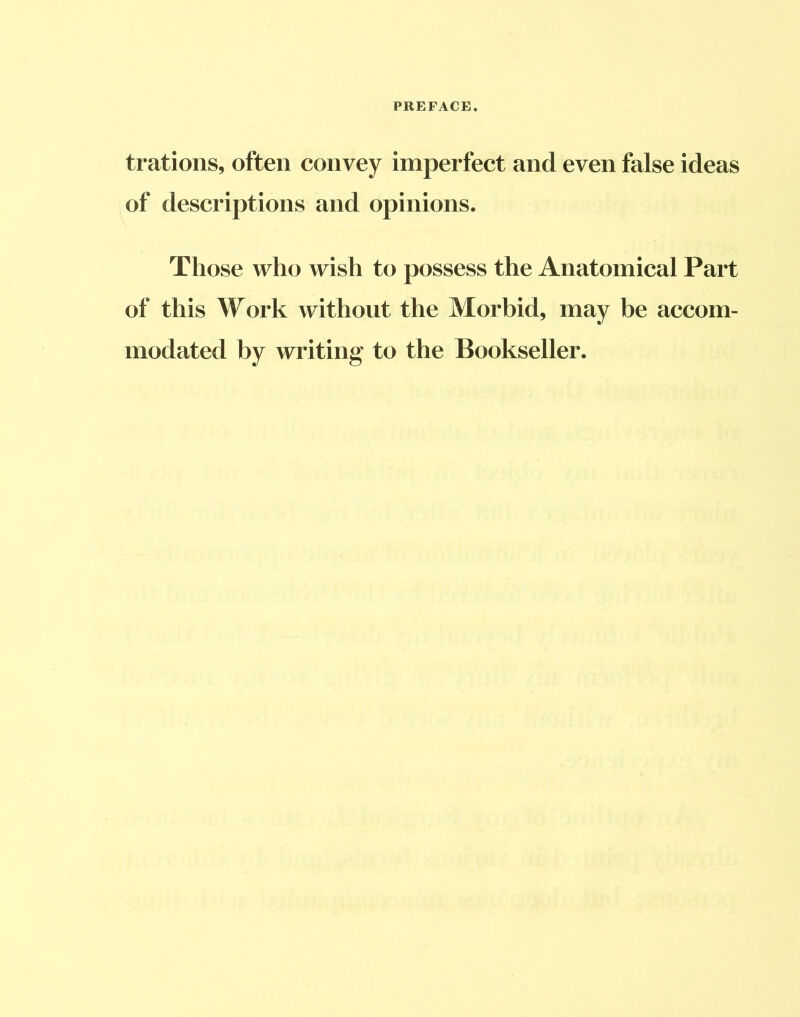trations, often convey imperfect and even false ideas of descriptions and opinions. Those who wish to possess the Anatomical Part of this Work without the Morbid, may be accom- modated by writing to the Bookseller.