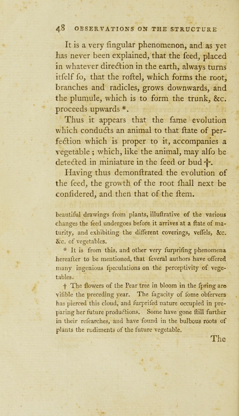 It is a very lingular phenomenon, and as yet has never been explained, that the feed, placed in whatever dire&ion in the earth, always turns itfelf fo, that the roftel, which forms the root, branches and radicles, grows downwards, and the plumule, which is to form the trunk, &c, proceeds upwards Thus it appears that the fame evolution which conducts an animal to that ftate of per- fection which is proper to it, accompanies a vegetable ; which, like the animal, may alfo be detected in miniature in the feed or bud Having thus demonflrated the evolution of the feed, the growth of the root fhall next be conlidered, and then that of the Item. beautiful drawings from plants, illuftrative of the various changes the feed undergoes before it arrives at a Rate of ma- turity, and exhibiting the different coverings, veffels. See. &c. of vegetables. * It is from this, and other very furprifing phenomena hereafter to be mentioned, that feveral authors have offered many ingenious fpeculations on the perceptivity of vege- tables. f The flowers of the Pear tree in bloom in the fpring are vifible the preceding year. The fagacity of fome obfervers has pierced this cloud, and furprifed nature occupied in pre- paring her future productions. Some have gone ftill further in their refearches, and have found in the bulbous roots of plants the rudiments of the future vegetable.