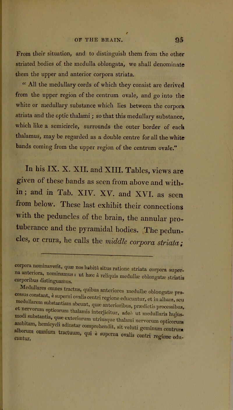 From their situation, and to distinguish them from the other striated bodies of the medulla oblongata, we shall denominate them the upper and anterior corpora striata. “ All the medullary cords of which they consist are derived from the upper region of the centrum ovale, and go into the white or medullary substance which lies between the corporli striata and the optic thalami; so that this medullary substance, which like a semicircle, surrounds the outer border of each thalamus, may be regarded as a double centre for all the white bands coming from the upper region of the centrum ovale.” In his IX. X. XII. and XIII. Tables, views are g'iven of these bands as seen from above and with- in ; and in Tab. XIV. XV. and XVI. as seen fiom below. These last exhibit their connections with the peduncles of the brain, the annular pro- tuberance and the pyramidal bodies. .The pedun- cles, or crura, he calls the middle corpora striata ; corpora nominaverit, quse nos habita situs ratione striata corpora super- r A “ ’•eliquis medufe oblongate stiiatis corponbus distinguamus. Medullara « tact™, oblon™te.™- pn«dictisproc»«ib.„. mrf sutotal... ,M.„i opticoL hemcydi comprehemlit, »it veluti geinlnum‘centrum tetutuu. ,ui i „=gb„c«i«.