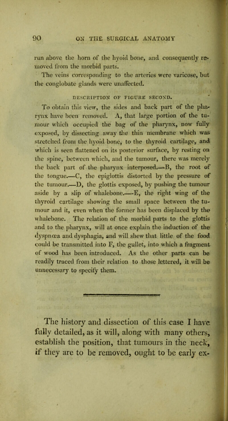 run above the horn of the hyoid bone, and consequently re- moved from the morbid parts. The veins corresponding to the arteries were varicose, but the conglobate glands were unaffected. DESCRIPTION OF FIGURE SECOND. To obtain this view, the sides and back part of the pha- rynx have been removed. A, that large portion of the tu- mour which occupied the bag of the pharynx, now fully exposed, by dissecting away the thin membrane which was stretched from the hyoid bone, to the thyroid cartilage, and which is seen flattened on its posterior surface, by resting on the spine, between which, and the tumour, there was merely the back part of the pharynx interposed.—-*-1$, the root of the tongue.—C, the epiglottis distorted by the pressure of the tumour.—D, the glottis exposed, by pushing the tumour aside by a slip of whalebone.—E, the right wing of the thyroid cartilage showing the small space between the tu- mour and it, even when the former has been displaced by the whalebone. The relation of the morbid parts to the glottis and to the pharynx, will at once explain the induction of the dyspnoea and dysphagia, and will shew that little of the food could be transmitted into F, the gullet, into which a fragment of wood has been introduced. As the other parts can be readily traced from their relation to those lettered, it will be unnecessary to specify them. The history and dissection of this case I have, fully detailed , as it will, along with many others, establish the position, that tumours in the neck, if they are to be removed, ought to be early ex-
