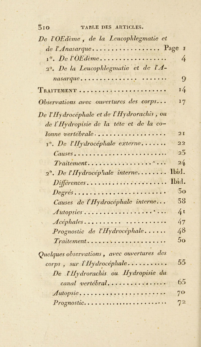 3lO TABLE DES ARTICLES. De VOEdème , de la Leucophlegmatie et de VAnasarque Page 1 i°. De VOEdeme 4 2'>. De la Leucophlegmatie et de VA- nasarque 9 Traitement J 4 Observations avec ouvertures des corps... 17 De VHydrocéphale et de VHydrorachis , ou de V Hydropisie de la tête et de la co- lonne vertébrale. . 21 i°. De VHydrocéphale externe 22 Causes 2^> Traitement * • • • 24 2°. De VHydrocéphale interne Ibid. Différences Ibid. Degrés 5 O Causes de VHydrocéphale interne... 08 Autopsies • . .. 41 Acéphales 47 jPrognostic de VHydrocéphale. ..... 4b Traitement 5 o Quelques observations , avec ouvertures des corps , sur VHydrocéphale 55 De VHydrorachis ou Hydropisie du canal vertébral 65 Autopsie » • 7<> Prognostic 72