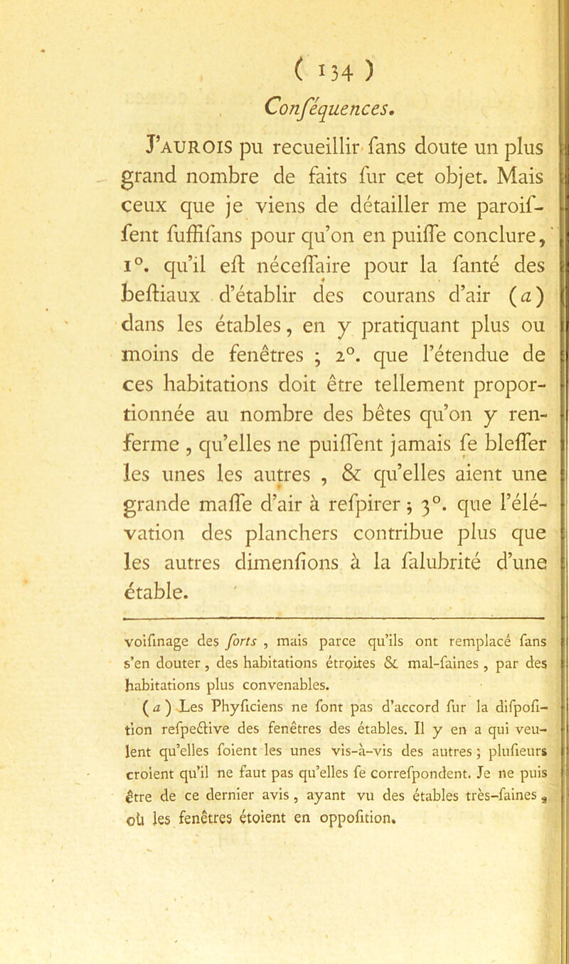 Conféquences, J’aurois pu recueillir-fans doute un plus grand nombre de faits fur cet objet. Mais ceux que je viens de détailler me paroif- fent fuffifans pour qu’on en puiffe conclure, ' 1°. qu’il efî: néceffaire pour la famé des beftiaux d’établir des courans d’air ( <2 ) dans les étables, en y pratiquant plus ou moins de fenêtres ; 2°. que l’étendue de ces habitations doit être tellement propor- tionnée au nombre des bêtes qu’on y ren- ferme , qu’elles ne puiflent jamais fe blelfer les unes les autres , & quelles aient une grande maffe d’air à refpirer j 3°. que l’élé- vation des planchers contribue plus que les autres dimenfîons à la falubrité d’une étable. voifinage des forts , mais parce qu’ils ont remplacé fans s’en douter, des habitations étroites & mal-faines , par des habitations plus convenables. ( iz ) Les Phyficiens ne font pas d’accord fur la difpoh- tion refpeéHve des fenêtres des étables. Il y en a qui veu- lent qu’elles foient les unes vis-à-vis des autres ; plufieurs croient qu’il ne faut pas qu’elles fe correfpondent. Je ne puis être de ce dernier avis, ayant vu des étables très-faines , oü les fenêtres étoient en oppofition.