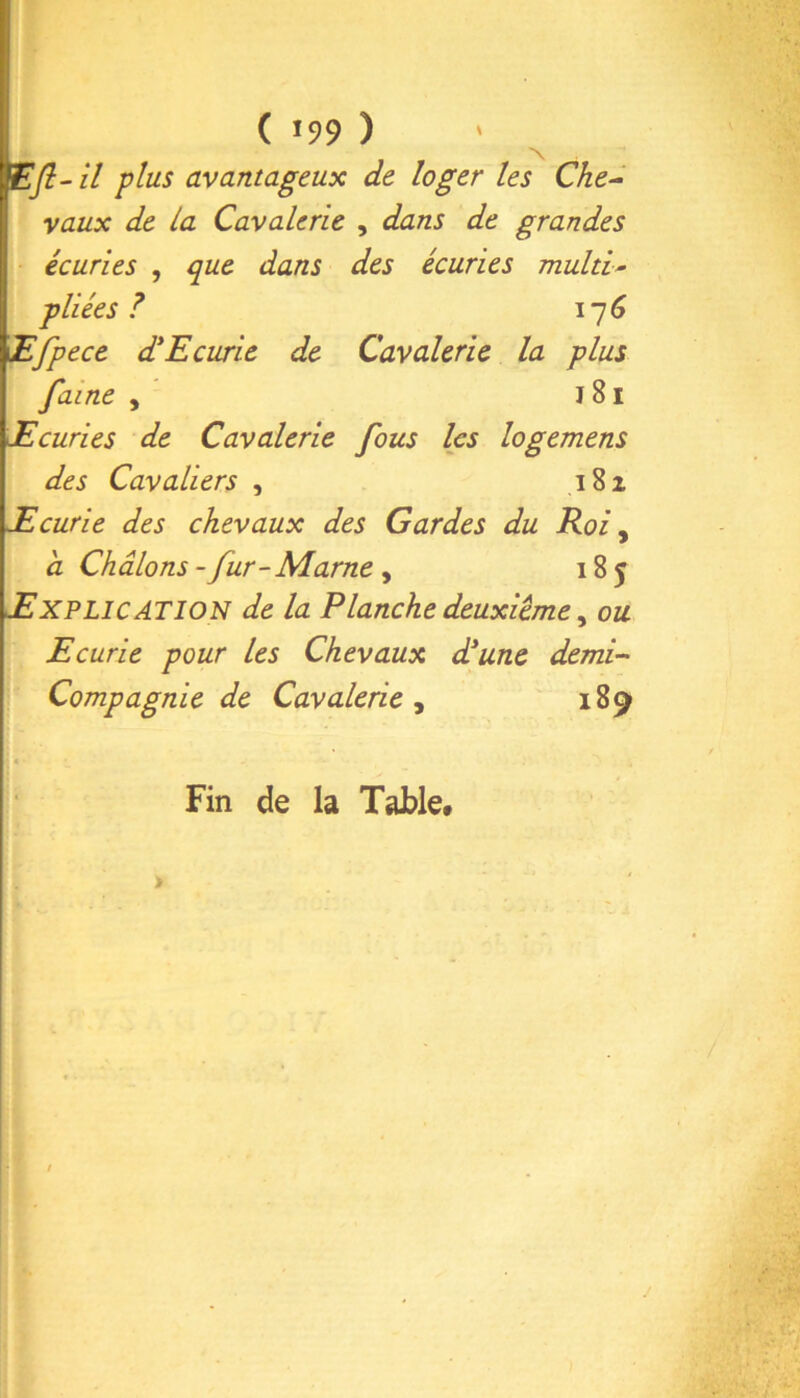 il plus avantageux de loger les Che^ vaux de la Cavalerie , dans de grandes écuries , que dans des écuries multi^ pliées? 17 <5 lEfpece dlEcurie de Cavalerie la plus faine , J 81 Ecuries de Cavalerie fous les logemens des Cavaliers , 181 Ecurie des chevaux des Gardes du Roi ^ h Chalo ns-fur-Marne y 185 Explication de la Planche deuxieme y ou Ecurie pour les Chevaux dlunc demi-' Compagnie de Cavalerie y 189 > Fin de la TaJble#