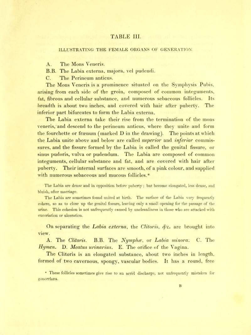 TABLE III. ILLUSTRATING THE FEMALE ORGANS OF GENERATION A. The Mons Veneris. B. B. The Labia externa, majora, vel pudendi. C. The Perineum anticus. The Mons Veneris is a prominence situated on the Symphysis Pubis, arising from each side of the groin, composed of common integuments, fat, fibrous and cellular substance, and numerous sebaceous follicles. Its breadth is about two inches, and covered with hair after puberty. The inferior part bifurcates to form the Labia externa. The Labia externa take their rise from the termination of the mons veneris,'and descend to the perineum anticus, where they unite and form the fourchette or fraenum (marked D in the drawing). The points at which the Labia unite above and below are called superior and inferior commis- sures, and the fissure formed by the Labia is called the genital fissure, or sinus pudoris, vulva or pudendum. The Labia are composed of common integuments, cellular substance and fat, and are covered with hair after puberty. Their internal surfaces are smooth, of a pink colour, and supplied with numerous sebaceous and mucous follicles.* The Labia are dense and in opposition before puberty; but become elongated, less dense, and bluish, after marriage. The Labia are sometimes found united at birth. The surface of the Labia very frequently cohere, so as to close up the genital fissure, leaving only a small opening for the passage of the urine. This cohesion is not unfrequently caused by uncleanliness in those who are attacked with excoriation or ulceration. On separating the Labia externa, the Clitoris, fc. are brought into view. A. The Clitoris. B.B. The Nymp/ix, or Labia minora. C. The Hymen. D. Meatus urinarius. E. The orifice of the Vagina. The Clitoris is an elongated substance, about two inches in length, formed of two cavernous, spongy, vascular bodies. It has a round, free * These follicles sometimes give rise to an acrid discharge, not unfrequently mistaken for gonorrhoea. B