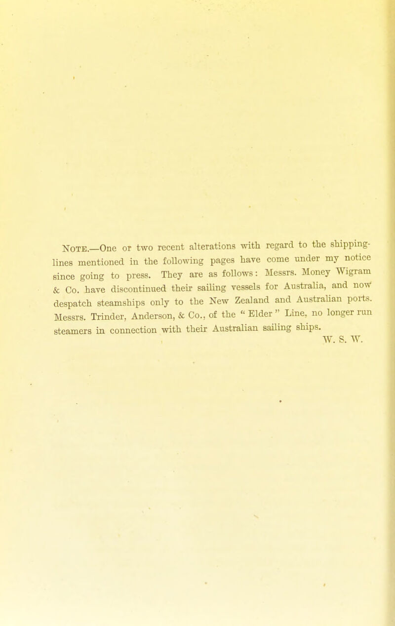 Note.—One or two recent alterations with regard to the shipping- lines mentioned in the following pages have come under my notice since going to press. They are as follows: Messrs. Money Wigram & Co. have discontinued then- saiUng vessels for Australia, and now despatch steamships only to the New Zealand and AustraUan ports. Messrs. Trinder, Anderson, & Co., of the  Elder  Line, no longer run steamers in connection with their Australian sailing ships. W. S. \V.