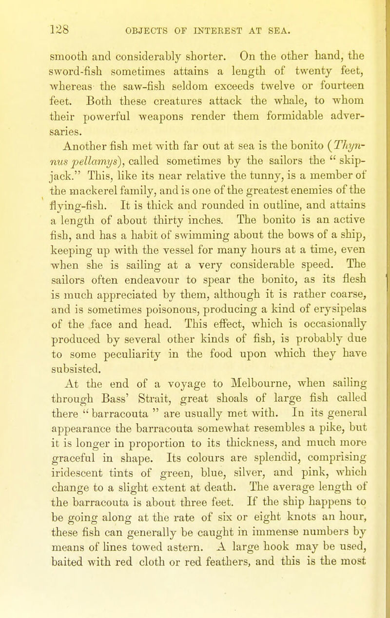 smooth and considerably shorter. On the other hand, the sword-fish sometimes attains a length of twenty feet, whereas the saw-fish seldom exceeds twelve or fourteen feet. Both these creatures attack the whale, to whom their powerful weapons render them formidable adver- saries. Another fish met with far out at sea is the bonito {Tliyn- nus pellamys), called sometimes by the sailors the skip- jack. This, like its near relative the tunny, is a member of the mackerel family, and is one of the greatest enemies of the flying-fish. It is thick and rounded in outline, and attains a length of about thirty inches. The bonito is an active fish, and has a habit of swimming about the bows of a ship, keeping up with the vessel for many hours at a time, even when she is sailing at a very considerable speed. The sailors often endeavour to spear the bonito, as its flesh is much appreciated by them, although it is rather coarse, and is sometimes poisonous, producing a kind of erysipelas of the face and head. This eflfect, which is occasionally produced by several other kinds of fish, is probably due to some peculiarity in the food upon which they have subsisted. At the end of a voyage to Melbourne, when saihng through Bass' Strait, great shoals of large fish called there  barracouta  are usually met with. In its general appearance the barracouta somewhat resembles a pike, but it is longer in proportion to its thickness, and much more graceful in shape. Its colours are splendid, comprising iridescent tints of green, blue, silver, and pink, which change to a slight extent at death. The average length of the barracouta is about three feet. If the ship happens to be going along at the rate of six or eight knots an hour, these fish can genex-ally be caught in immense numbers by means of lines towed astern. A large hook may be used, baited with red cloth or red feathers, and this is the most
