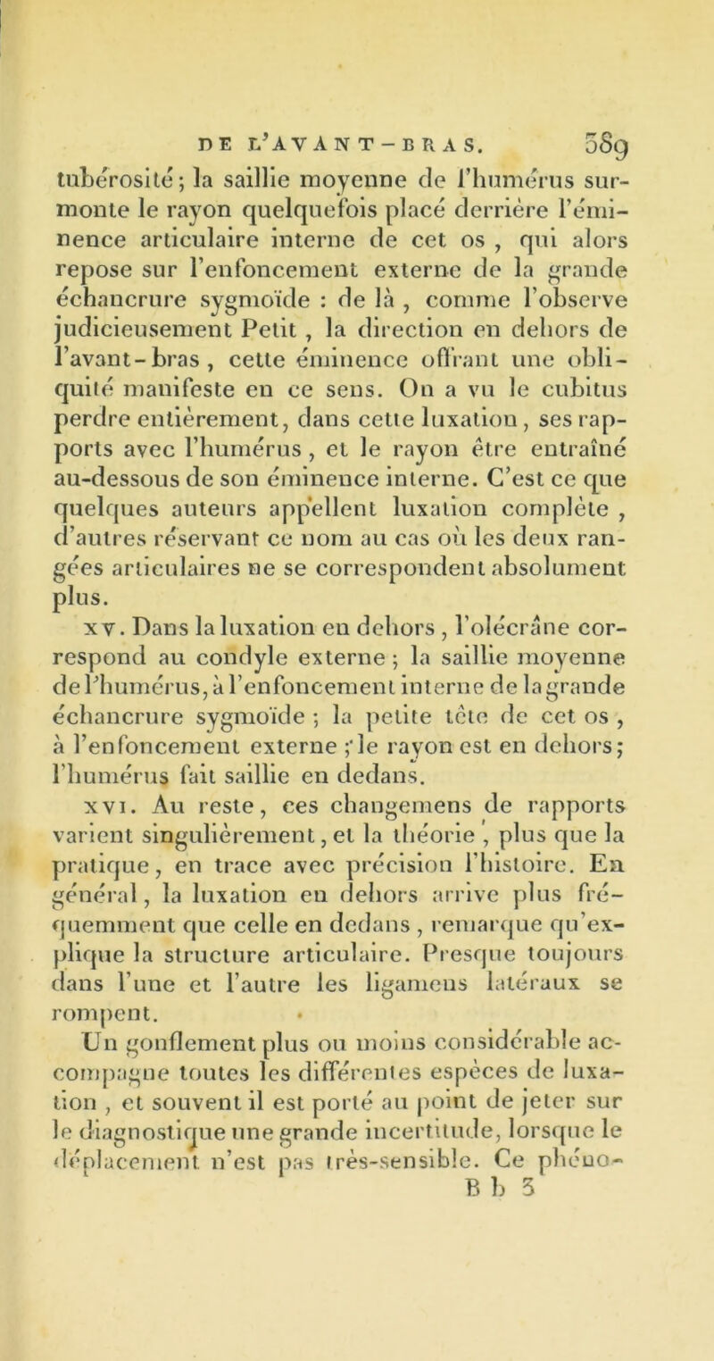 tubérosité; la saillie moyenne de l’humérus sur- monte le rayon quelquefois placé derrière l’émi- nence articulaire interne de cet os , qui alors repose sur l’enfoncement externe de la grande échancrure sygmoïde : de là , comme l’observe judicieusement Petit , la direction en dehors de l’avant-bras, cette éminence offrant une obli- quité manifeste en ce sens. On a vu le cubitus perdre entièrement, dans cette luxation, ses rap- ports avec l’humérus , et le rayon être entraîné au-dessous de son éminence interne. C’est ce que quelques auteurs appellent luxation complète , d’autres réservant ce nom au cas où les deux ran- gées articulaires ne se correspondent absolument plus. xv. Dans la luxation en dehors , l’olécrane cor- respond au condyle externe ; la saillie moyenne de l’humérus, à l’enfoncement interne de la grande échancrure sygmoïde ; la petite tète de cet os , à l’enfoncement externe ;'le rayon est en dehors; l’humérus fait saillie en dedans. xvi. Au reste, ces changemens de rapports varient singulièrement, et la théorie , plus que la pratique, en trace avec précision l’histoire. Ea général, la luxation en dehors arrive plus fré- quemment que celle en dedans , remarque qu’ex- plique la structure articulaire. Presque toujours dans l’une et l’autre les ligamens latéraux se rompent. Un gonflement plus ou moins considérable ac- compagne toutes les différentes espèces de luxa- tion , et souvent il est porté au point de jeter sur le diagnostique une grande incertitude, lorsque le déplacement n’est pas très-sensible. Ce phéuo- B b 3