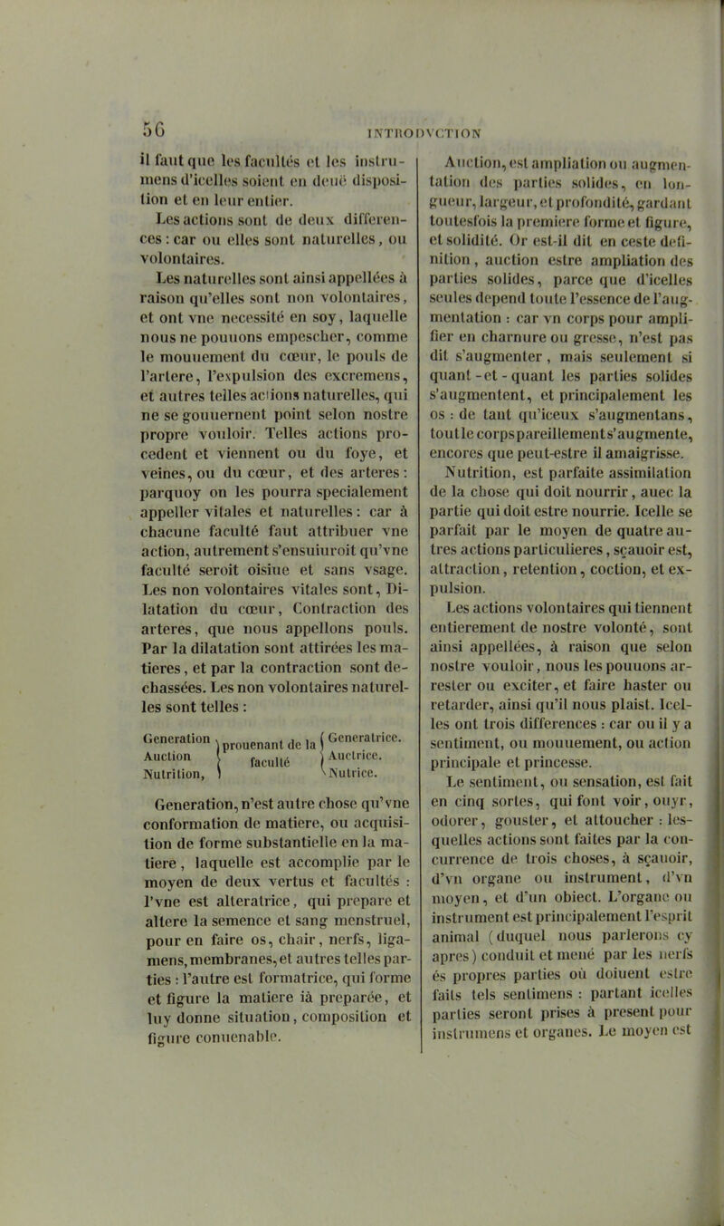 il faut que les facultés ot les insli u- mens d'icelles soient en dcuo disposi- tion et en leur entier. Les actions sont de deux différen- ces : car ou elles sont naturelles, ou volontaires. Les naturelles sont ainsi appellées à raison qu'elles sont non volontaires, et ont vne nécessité en soy, laquelle nous ne pouuons empescher, comme le mouuement du cœur, le pouls de Fartere, l'expulsion des excremens, et autres telles aciion» naturelles, qui ne se gouuernent point selon nostre propre vouloir. Telles actions pro- cèdent et viennent ou du foye, et veines, ou du cœur, et des artères : parquoy on les pourra spécialement appeller vitales et naturelles: car à chacune faculté faut attribuer vne action, autrement s'ensuiuroit qu'vne faculté seroit oisiue et sans vsage. Les non volontaires vitales sont, Di- latation du cœur. Contraction des artères, que nous appelions pouls. Par la dilatation sont attirées les ma- tières , et par la contraction sont de- chassées. Les non volontaires naturel- les sont telles : Génération s ^^^^^^^^ la ( Génératrice. Auclion Auctrice. Nutrition, 1 ^Nutrice. Génération, n'est autre chose qu'vne conformation de matière, ou acquisi- tion de forme substantielle en la ma- tière , laquelle est accomplie par le moyen de deux vertus et facultés : l'vne est alleratrice, qui prépare et altère la semence et sang menstruel, pour en faire os, chair, nerfs, liga- mens, membranes, et autres telles par- ties : l'autre est formatrice, qui forme et figure la matière ià préparée, et luy donne situation, composition et figure conuenablo. Auction, est ampliation ou augmen- tation des parties solides, en lon- gueur, largeur, et profondité, gardant toutesfois la première forme et figure, et solidité. Or est-il dit en ceste défi- nition , auction estre ampliation des parties solides, parce que d'icelles seules dépend toute l'essence de l'aug- mentation : car vn corps pour ampli- fier en charnure ou gresse, n'est pas dit s'augmenter, mais seulement si quant-et - quant les parties solides s'augmentent, et principalement les os : de tant qu'iceux s'augmentans, toutle corpspareillement s'augmente, encores que peut-estre il amaigrisse. Nutrition, est parfaite assimilation de la chose qui doit nourrir, auec la partie qui doit estre nourrie. Icelle se parfait par le moyen de quatre au- tres actions particulières, sçauoir est, attraction, rétention, coctioa, et ex- pulsion. Les actions volontaires qui tiennent entièrement de nostre volonté, sont ainsi appellées, à raison que selon nostre vouloir, nous les pouuons ar- resler ou exciter, et faire haster ou retarder, ainsi qu'il nous plaist. Icel- les ont trois différences : car ou il y a sentiment, ou mouuement, ou aciion principale et princesse. Le sentiment, ou sensation, est fait en cinq sortes, qui font voir,ouyr, odorer, gouster, et attoucher : les- quelles actions sont faites par la con- currence de trois choses, à sçauoir, d'vn organe ou instrument, d'vn moyen, et d'un obiect. L'organe ou instrument est principalement l'esprit animal (duquel nous parlerons cy après) conduit et mené par les nerfs és propres parties où doiuent eslre faits tels senlimens : partant icelies parties seront prises à présent pour inslrumens et organes. Le moyen est