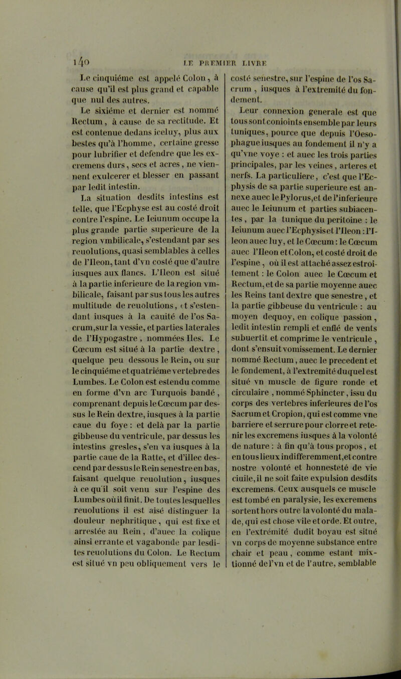l4<^ LF, PU FMI Le cinquième esl appelé Colon, à cause qu'il esl plus grand et capable que nul des autres. Le sixième et dernier est nommé Rectum, à cause de sa rectitude. Et est contenue dedans iceluy, plus aux bestes qu'à l'homme, certaine gresse pour lubrifier et défendre que les ex- cremens durs, secs et acres, ne vien- nent exulcerer et blesser en passant par ledit intestin. La situation desdits intestins est telle, que l'Ecphyse est au costé droit contre l'espine. Le leiunum occupe la plus grande partie supérieure de la région vmbilicale, s'estendant par ses reuolutions, quasi semblables à celles de rileon, tant d'vn costé que d'autre iusques aux flancs. L'Ileon est situé à la partie inférieure de la région vm- bilicale, faisant par sus tous les autres multitude de reuolutions, ( t s'esten- dant iusques à la cauité de l'os Sa- crum,sur la vessie, et parties latérales de l'Hypogastre , nommées Iles. Le Cœcum est situé à la partie dextre, quelque peu dessous le Hein, ou sur le cinquième et quatrième vertebredes Lumbes. Le Colon est estendu comme en forme d'vn arc Turquois bandé, comprenant depuis le Cœcum par des- sus le Rein dextre, iusques à la partie caue du foye : et delà par la partie gibbeuse du ventricule, par dessus les intestins gresles, s'en va iusques à la partie caue de la Ratte, et d'illec des- cend par dessus le Rein senestre en bas, faisant quelque reuolutiou, iusques à ce qu'il soit venu sur l'espine des Lumbes où il finit. De toutes lesquelles reuolutions il est aisé distinguer la douleur nephrilique, qui est fixe et arreslée au Rein, d'auec la colique ainsi errante et vagabonde par lesdi- les reuolutions du Colon. Le Rectum est situé vn peu obliquement vers le FR LIVRF costé senestre, sur l'espine de l'os Sa- crum , iusques à l'extrémité du fon- dement. Leur connexion générale est que tous sont conioints ensemble par leurs tuniques, pource que depuis l'Oeso- phagueiusques au fondement il n'y a qu'vne voye : et auec les trois parties principales, par les veines, artères et nerfs. La particulière, c'est que l'Ec- physis de sa partie supérieure est an- nexe auec lePylorus.et de l'inférieure auec le leiunum et parties subiacen- tes , par la tunique du péritoine : le leiunum auec l'Ecphysiset l'Iléon : l'I- leon auec luy, et le Cœcum : le Cœcum auec rileon et Colon, et costé droit de l'espine, où il est attaché assez estroi- lement : le Colon auec le Cœcum et Rectum, et de sa partie moyenne auec les Reins tant dextre que senestre, et la partie gibbeuse du ventricule : au moyen dequoy, en colique passion , ledit intestin rempli et enflé de vents subuertit et comprime le ventricule , dont s'ensuit vomissement. Le dernier nommé Rectum, auec le précèdent et le fondement, à l'extrémité duquel est situé vn muscle de figure ronde et circulaire , nommé Sphincter, issu du corps des vertèbres inférieures de l'os Sacrum et Cropion, qui est comme vne barrière et serrure pour clorreet rete- nir les excremens iusques à la volonté de nature : à fin qu'à tous propos, et en touslieux indifferemment,et contre nostre A olonté et honnesteté de vie ciuile,il ne soit faite expulsion desdits excremens. Ceux ausquels ce muscle est tombé en paralysie, les excremens sortenthors outre la volonté du mala- de, qui est chose vile et orde. Et outre, eu l'extrémité dudit boyau est situé vn corps de moyenne substance entre chair et peau, comme estant mix- lionné del'vn et de l'autre, semblable